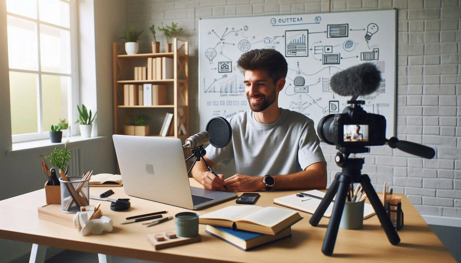 A man recording a video in a home office with a camera and microphone, sitting at a desk with notebooks, pens, and a laptop, in front of a white brick wall with diagrams and charts on a whiteboard, natural light coming from a window with plants on the windowsill.