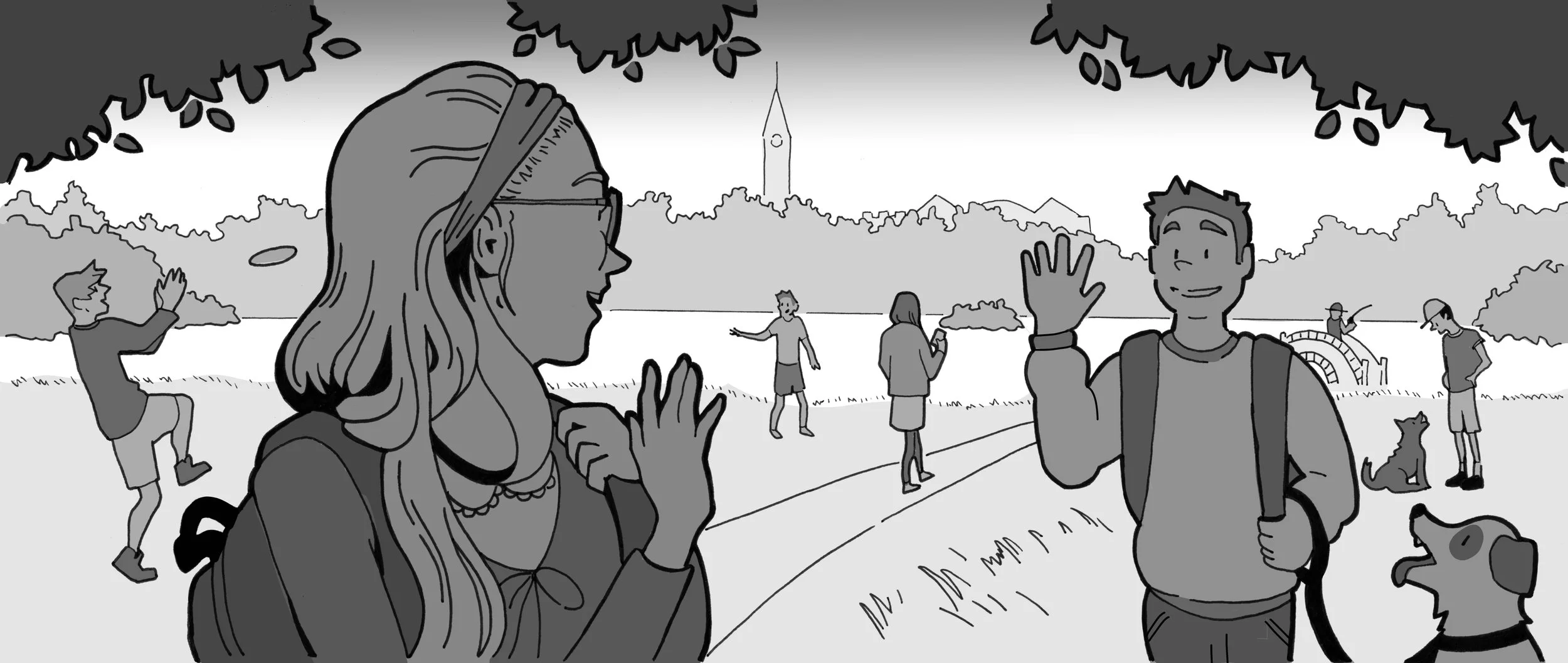 People enjoying a day outdoors at a park, with some waving and talking to each other, and a child playing with a dog in the background.