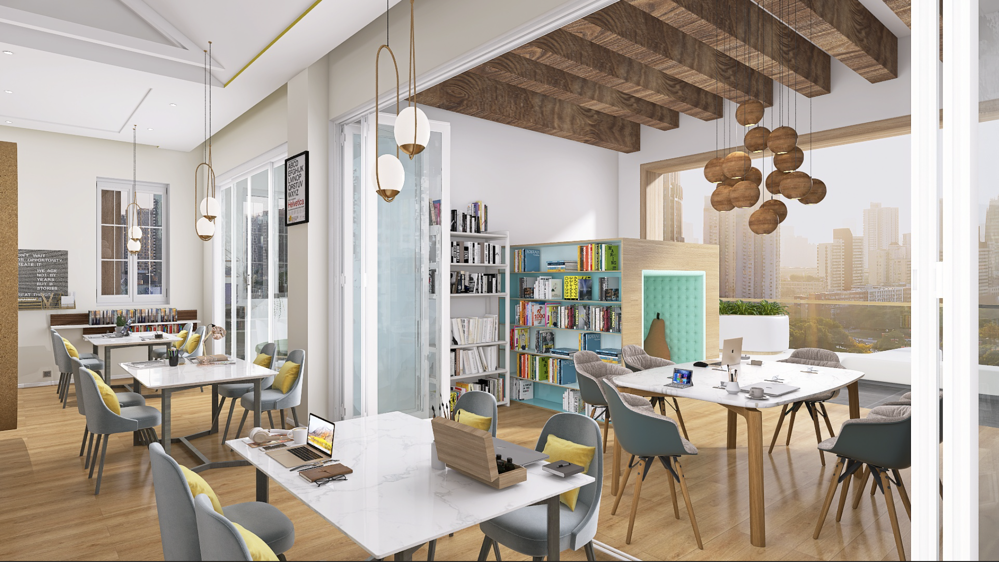 Oficina moderna con mesas de trabajo, sillas con cojines amarillos, estanterías llenas de libros, y ventanas grandes con vista a la ciudad