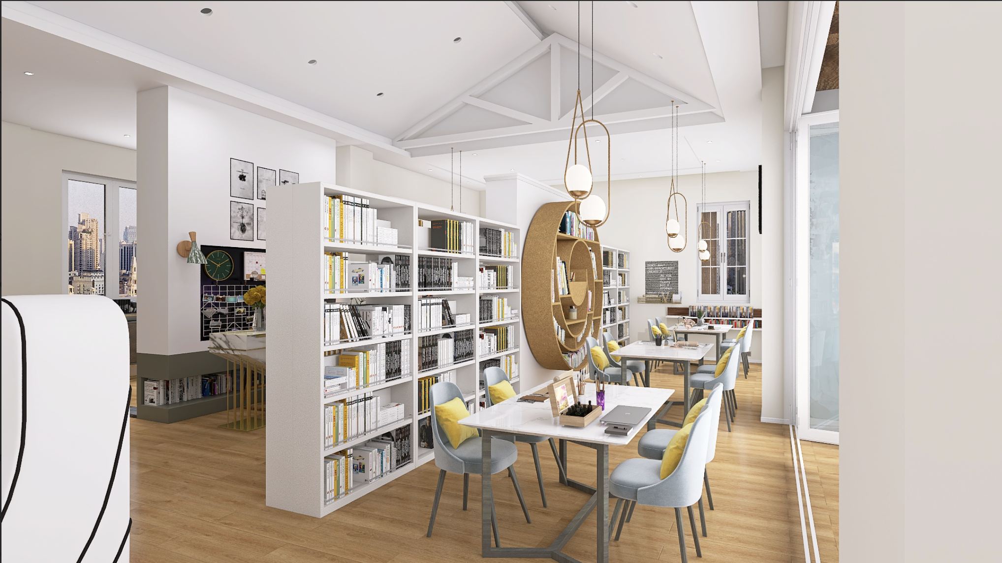 Sala de estudio o biblioteca moderna con mesas, sillas con cojines amarillos, estantes llenos de libros y grandes ventanas que dejan entrar mucha luz natural.