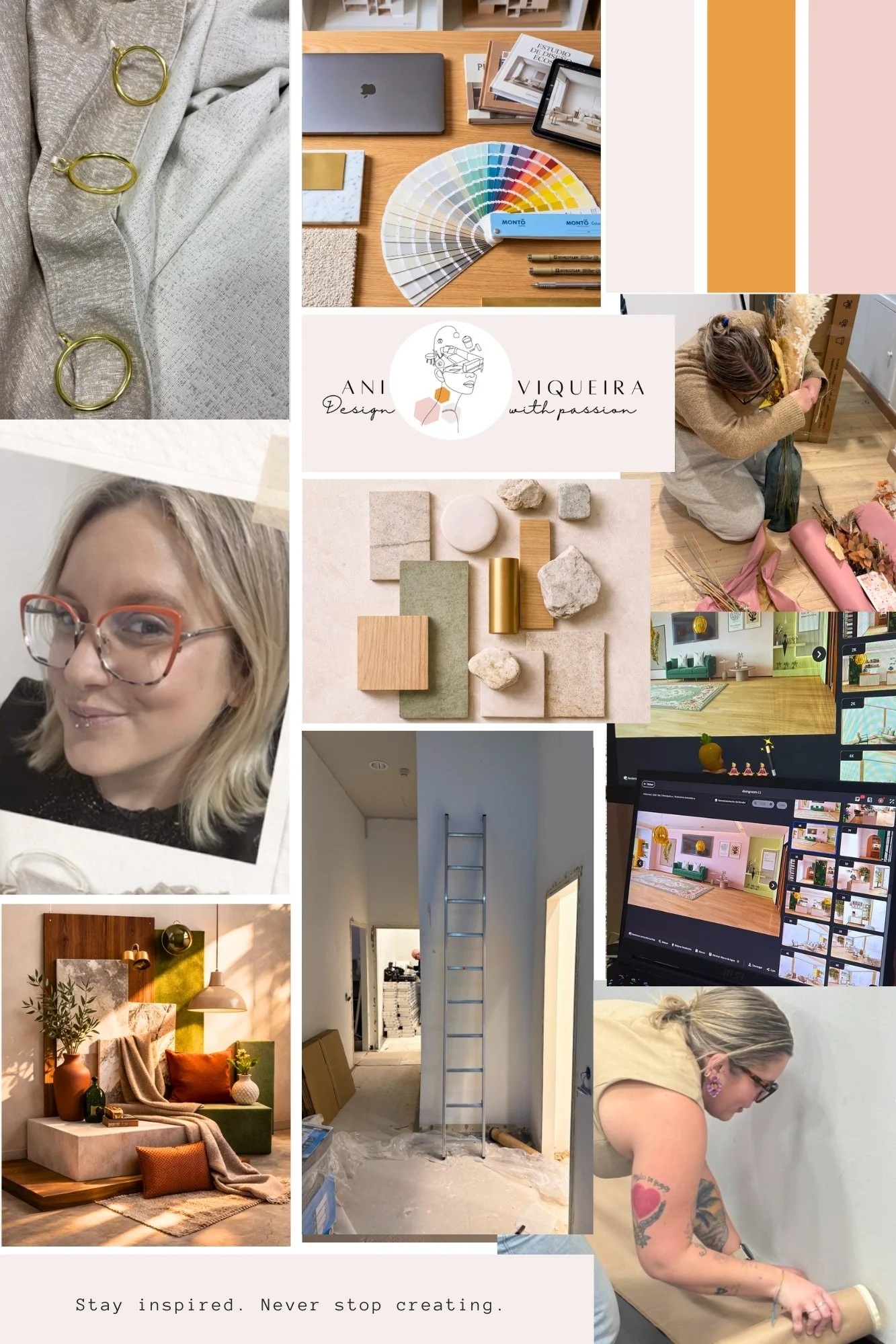 Collage de fotos relacionadas con diseño de interiores y proyectos creativos, incluyendo muestras de colores y texturas, personas trabajando en proyectos, espacios decorados, y herramientas de trabajo.