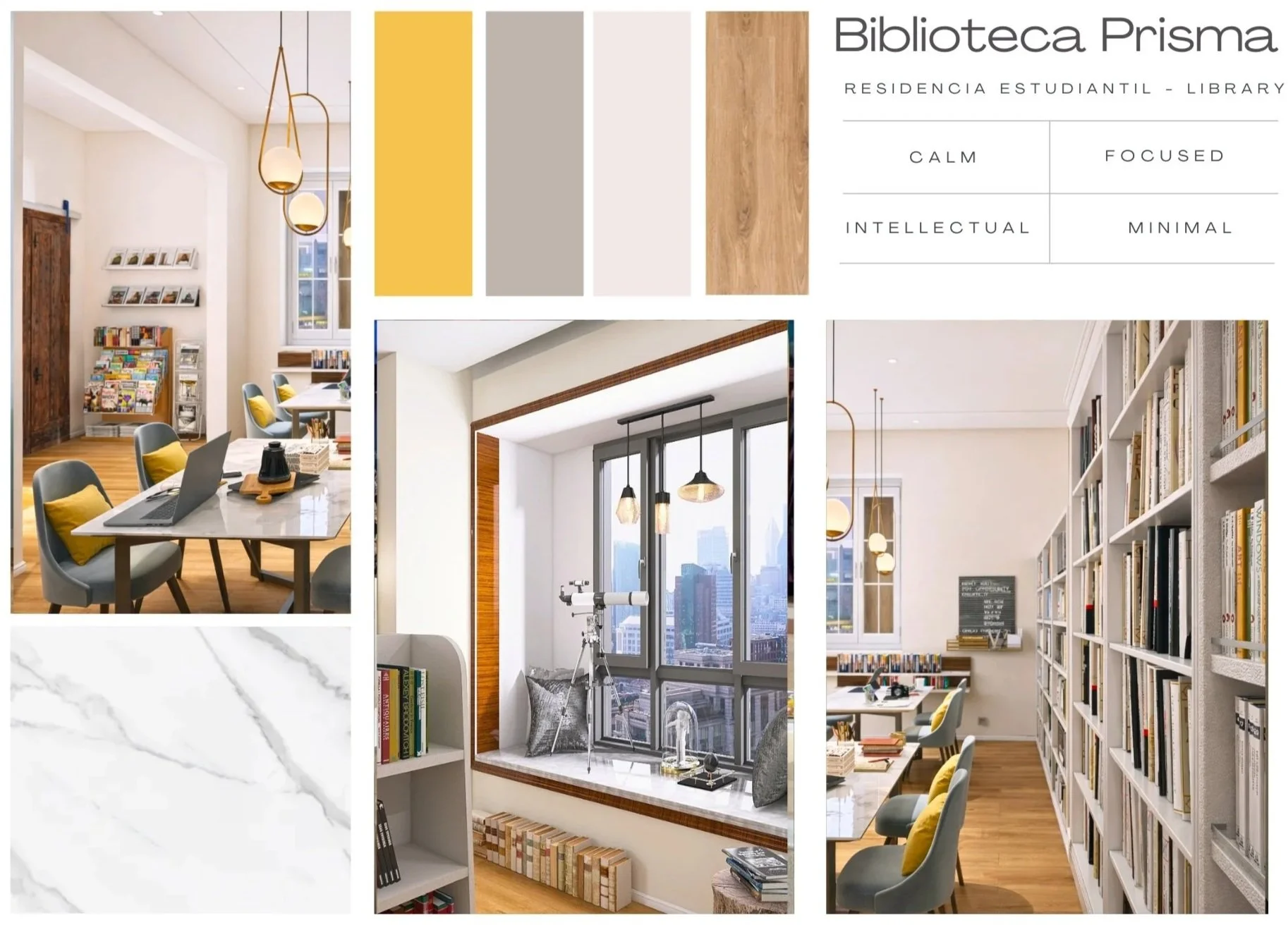 Imagen de una biblioteca moderna con estanterías llenas de libros, mesas de estudio con sillas y lámparas colgantes en un espacio con vista a la ciudad mediante una ventana grande.