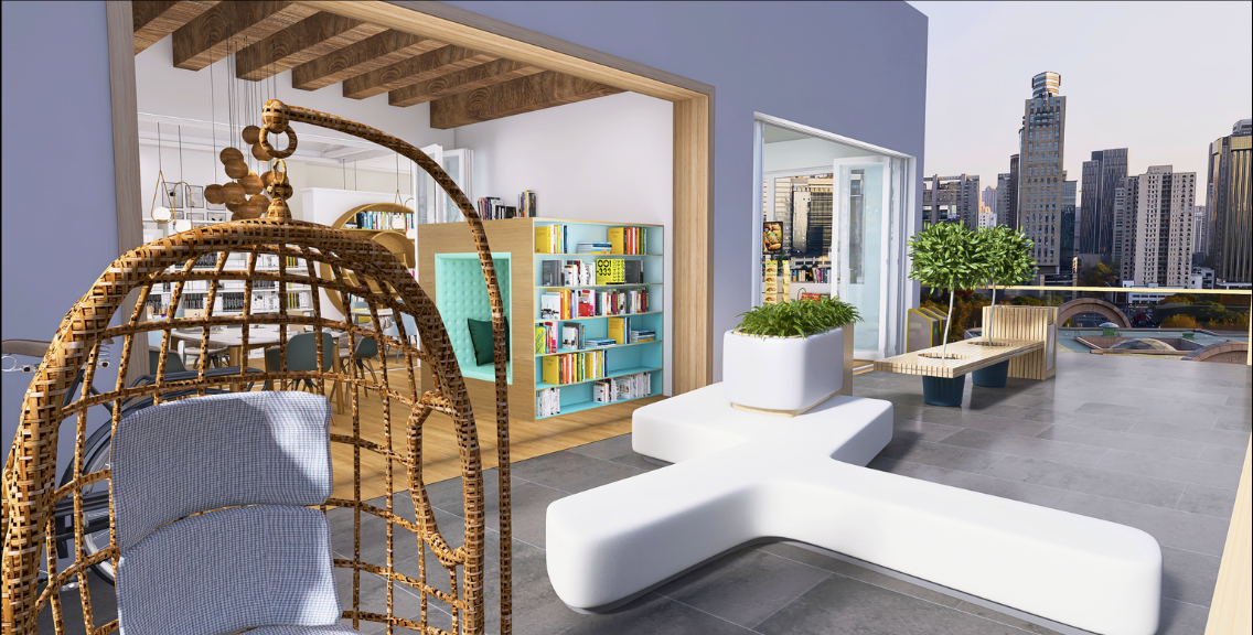 Terraza moderna con plantas, sillas y vista de la ciudad en el fondo.