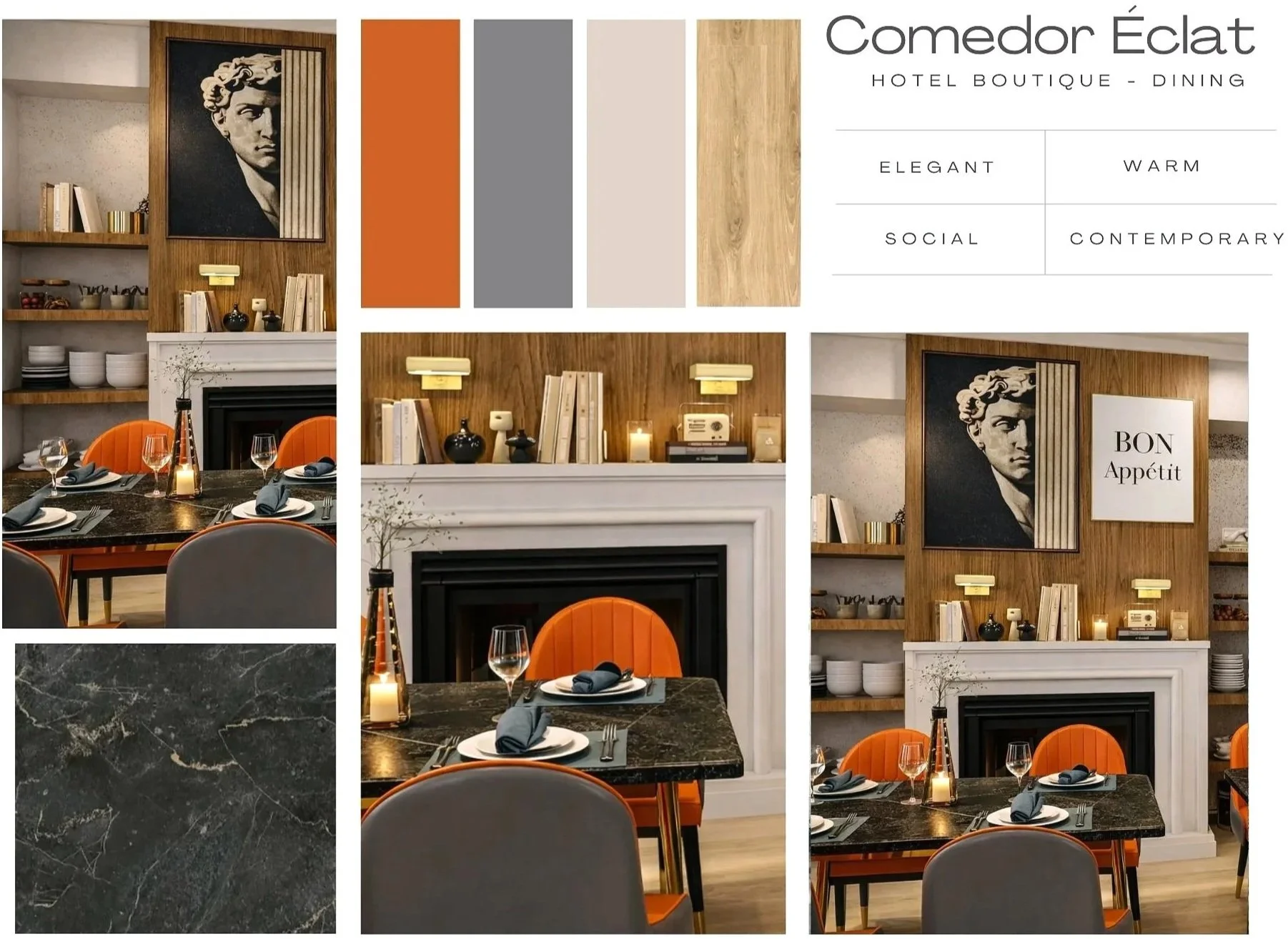 Diseño moderno para un comedor en un hotel boutique, con una pared de madera, estanterías con vajilla blanca, decoración de libros y objetos, y una chimenea blanca. La mesa tiene mantelería oscura, copas de vino y platos con servilletas dobladas. Colores de inspiración cálida y elegante, con énfasis en tonos otoñales y neutrales.