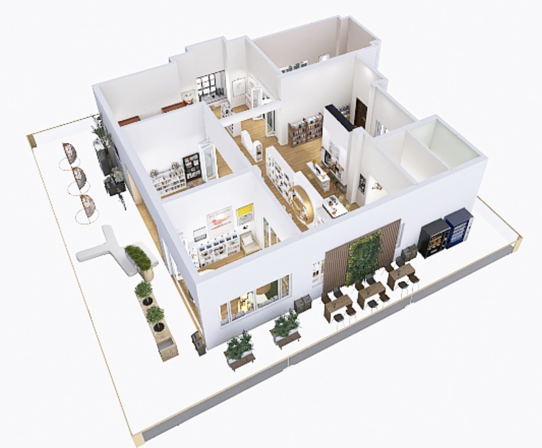 Vista en 3D del plano de una casa con áreas interiores y exteriores que incluye salas, oficina, lavandería, habitaciones, jardín, y áreas de descanso con mesas y sillas.