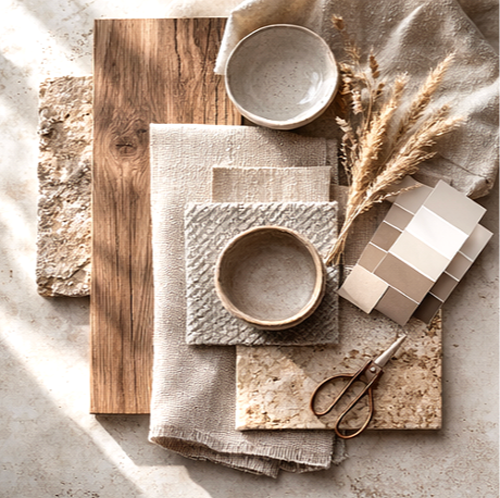 Conjunto de vajilla y textiles en tonos neutros, incluyendo platos, manteles, una paleta de colores y tijeras sobre una superficie de piedra y madera