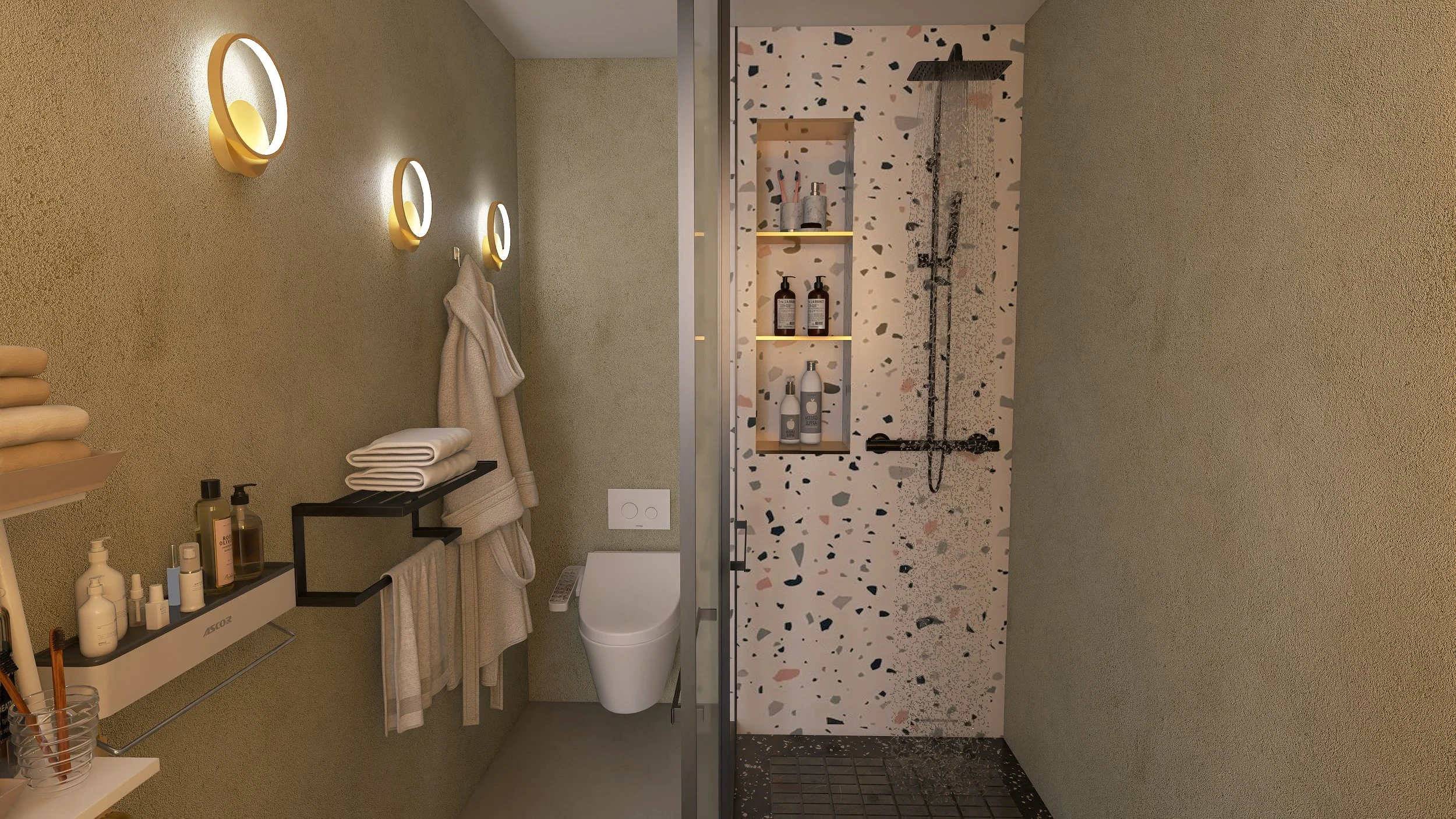 Baño con paredes de color tostado, con iluminación moderna y lavabo con estantes de productos de cuidado personal, inodoro flotante y ducha con paredes de mosaico de colores, galería de estantes con aromatizantes y champús.