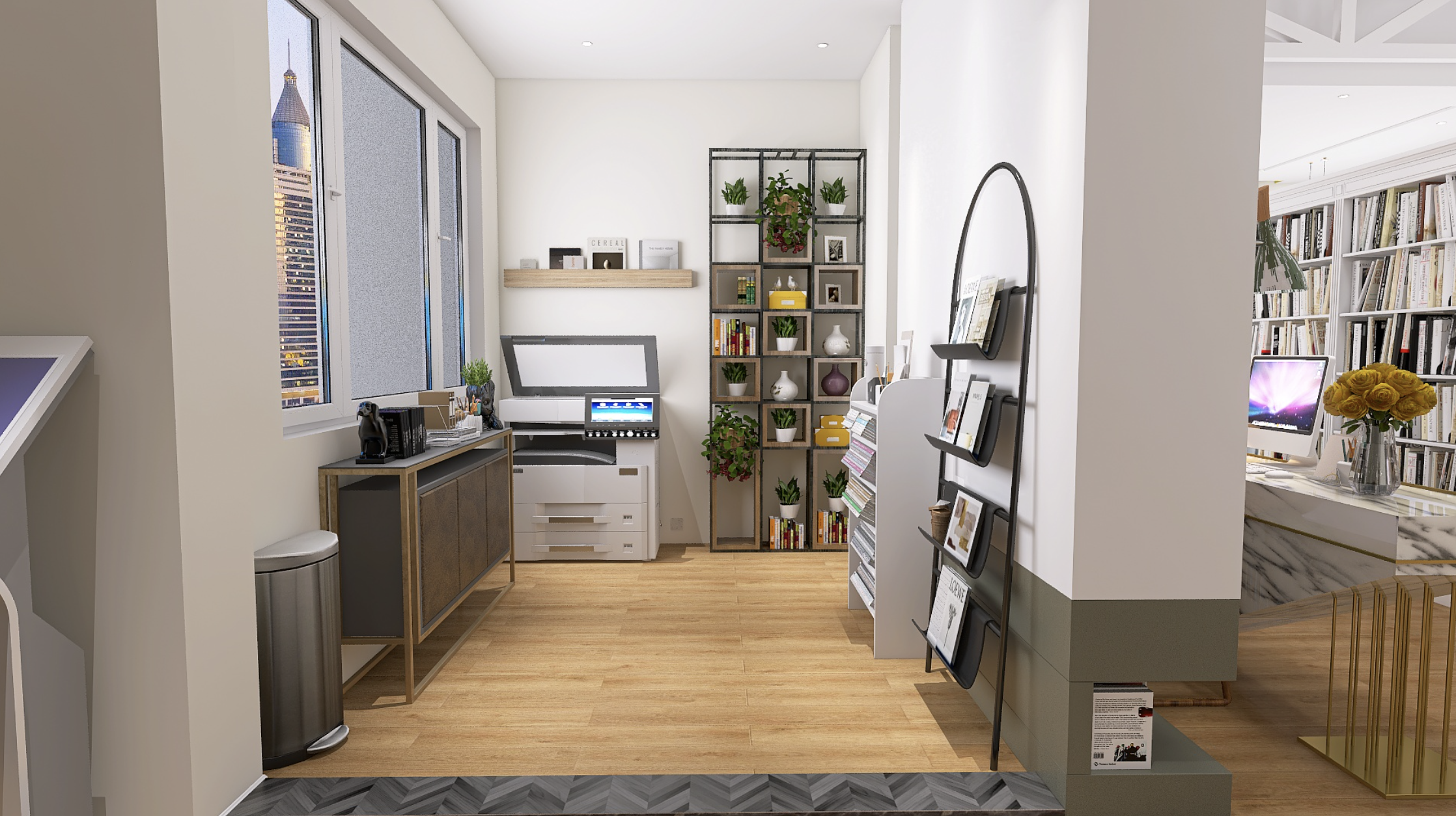 Sala de oficina con estanterías llenas de libros, plantas y objetos decorativos; mesa con florero de flores amarillas, computadora y libros, en un espacio iluminado por ventanas.