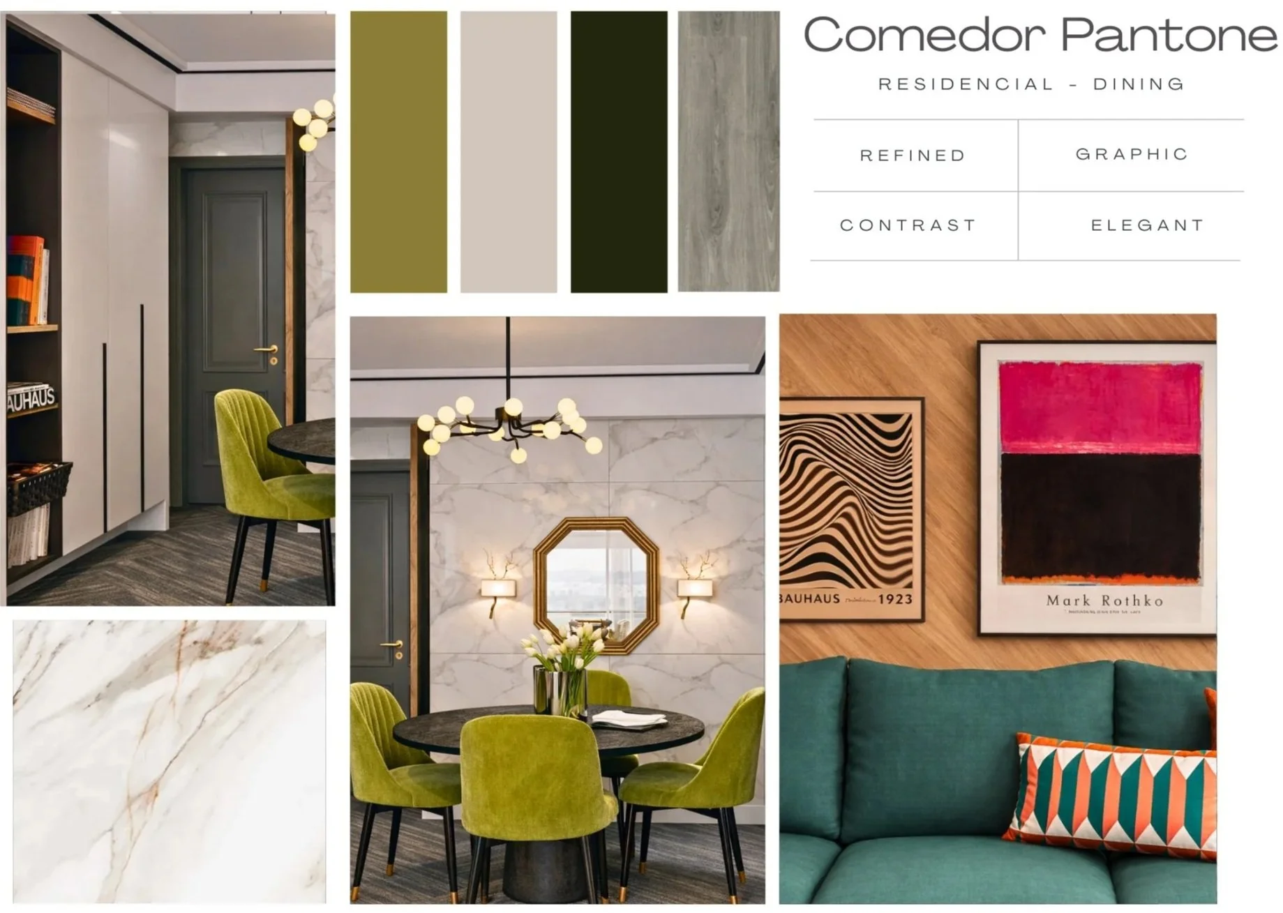 Diseño interior de un comedor residencial con paredes de mármol blanco y detalles en verde y madera. Incluye un área de comedor con mesa negra y sillas verdes, decorado con lámparas, cuadros modernos y un sofá verde con cojín decorativo de rayas.