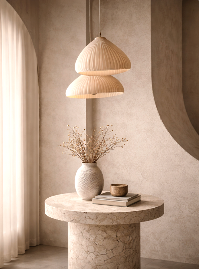 Mesa de mármol con una vasija de cerámica blanca con ramas secas y algunos libros apilados con una pequeña taza de cerámica sobre ellos. Lámpara de techo de madera colgando y cortinas blancas a la izquierda.