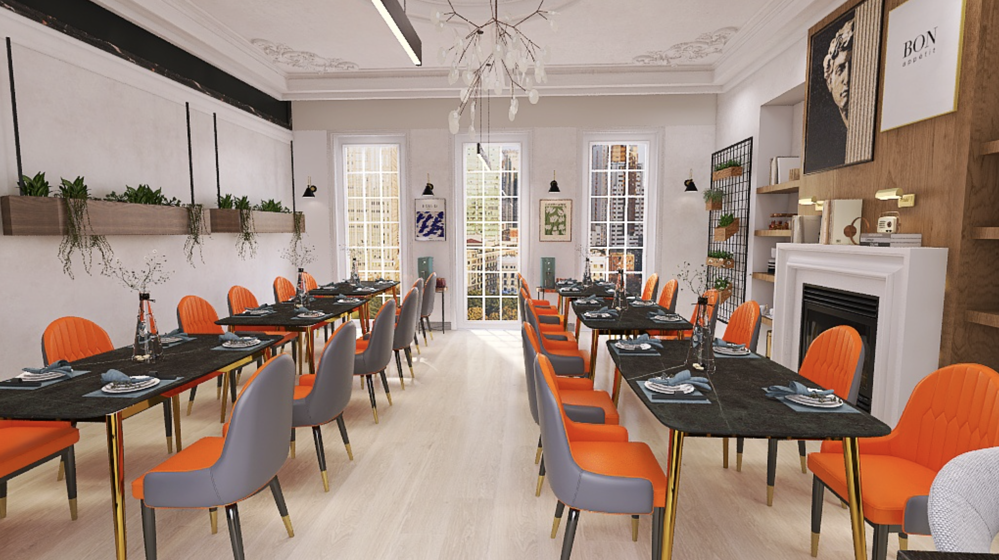 Comedor elegante con mesas negras, sillas color coral y gris, plantas decorativas, arte en las paredes y ventanas que dejan entrar luz natural.