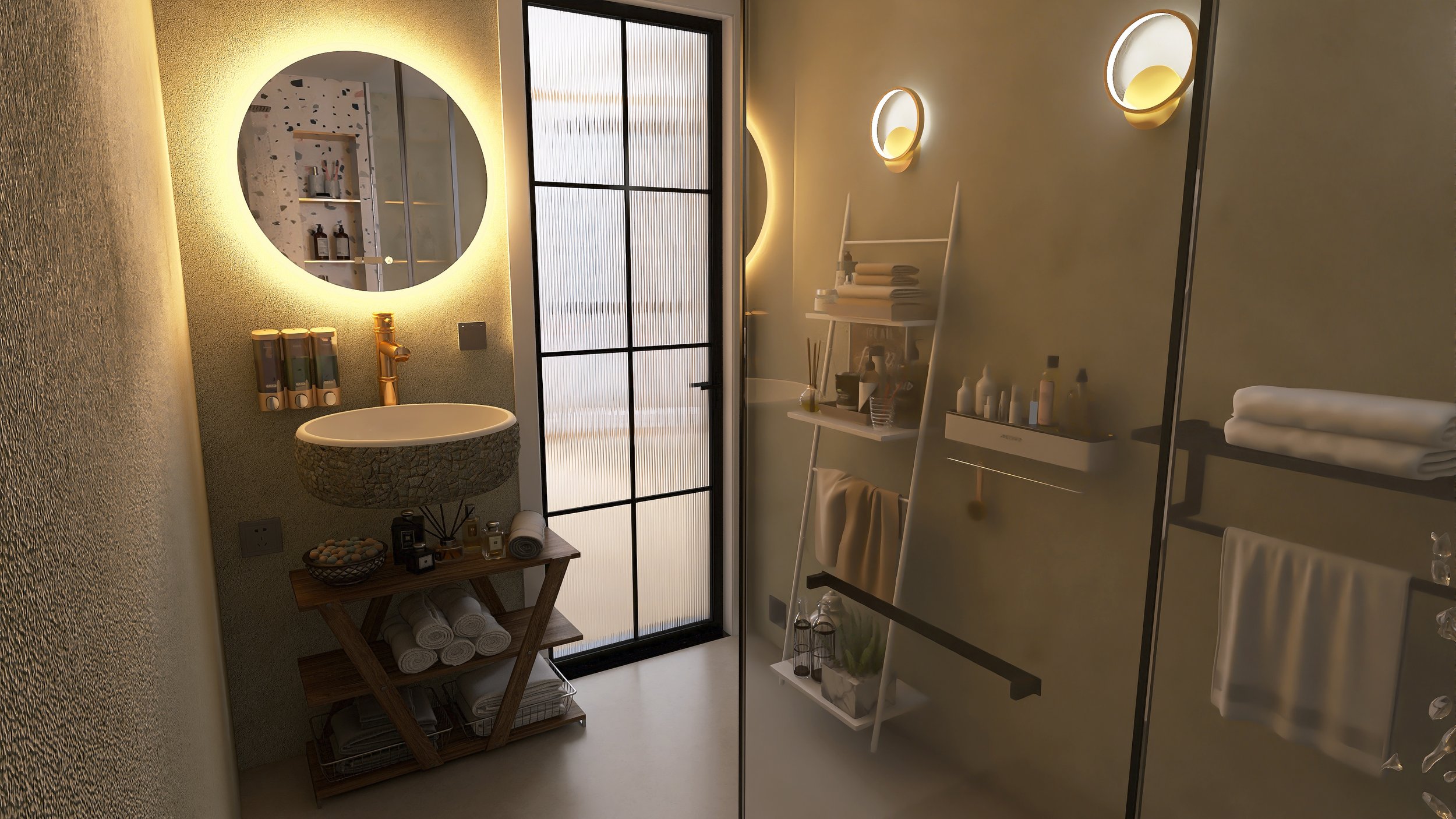 Baño moderno con espejo redondo con iluminación, lavabo con encimera de piedra, puerta de vidrio con marco negro, estantes con toallas y productos, accesorios de baño, iluminación cálida.