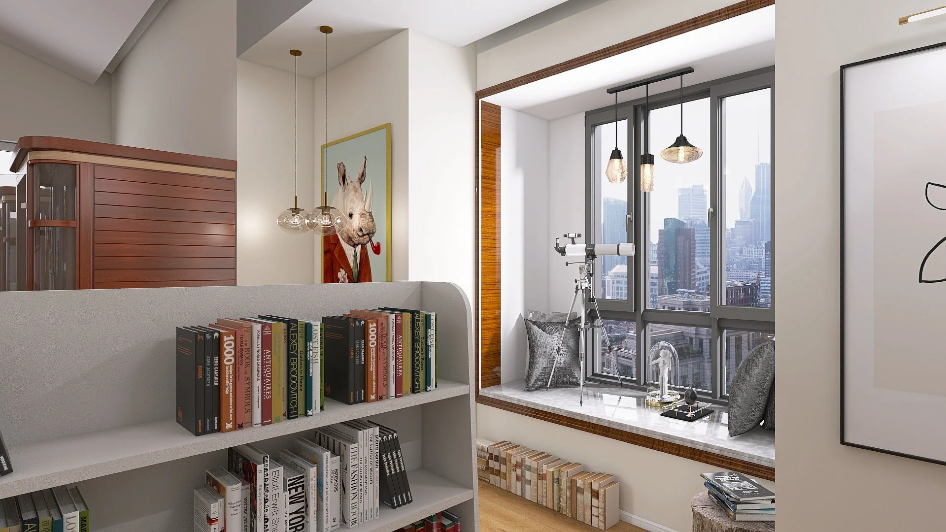 Vista de una oficina moderna con libros en libreros, una ventana grande con vista a la ciudad, y una decoración con elementos de estilo contemporáneo.