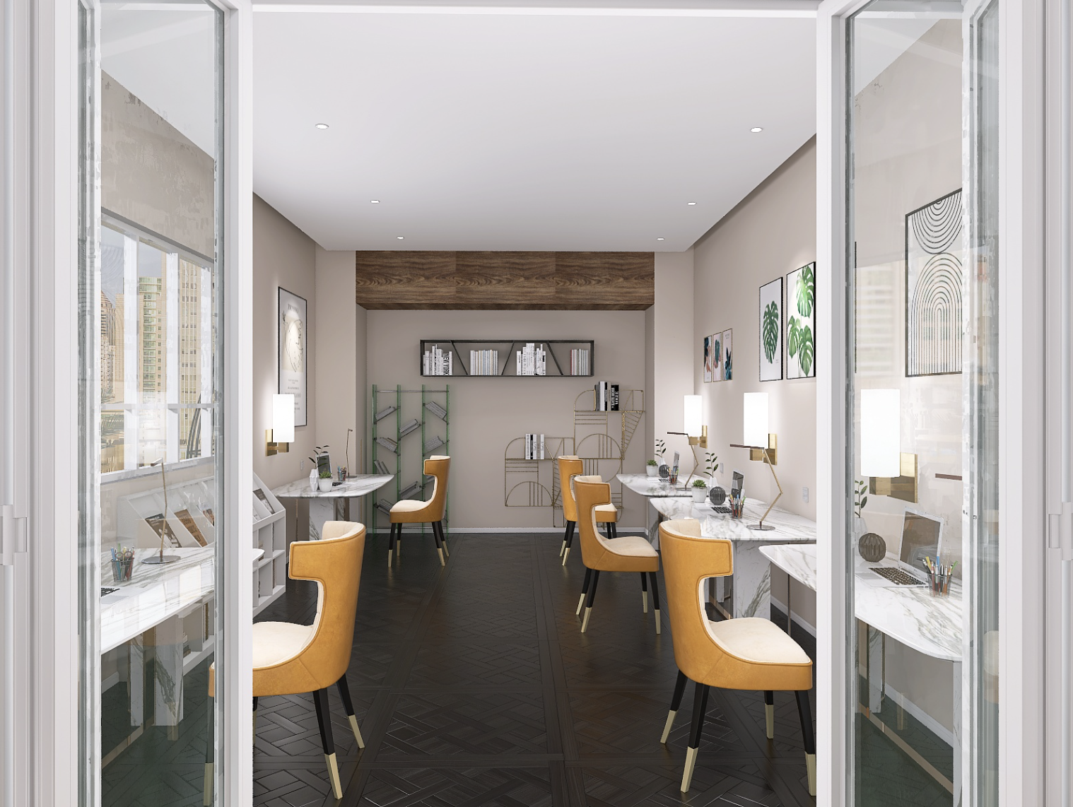 Una oficina moderna con escritorios de mármol, sillas amarillas y paredes decoradas con cuadros verdes y florales, con ventanas grandes que dejan entrar luz natural.