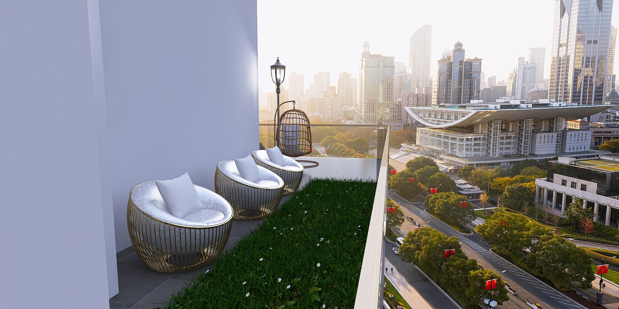 Balcony con tres sillas rotativas con cojines y una lámpara colgante, vista a una ciudad moderna con edificios altos y calles arboladas.