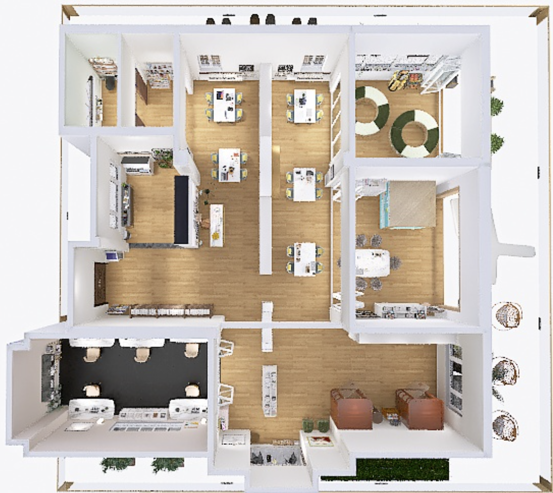 Plano de una casa con varias habitaciones, incluyendo sala de estar, comedor, cocinas, oficinas, y un área de estudio con escritorios y sillas.