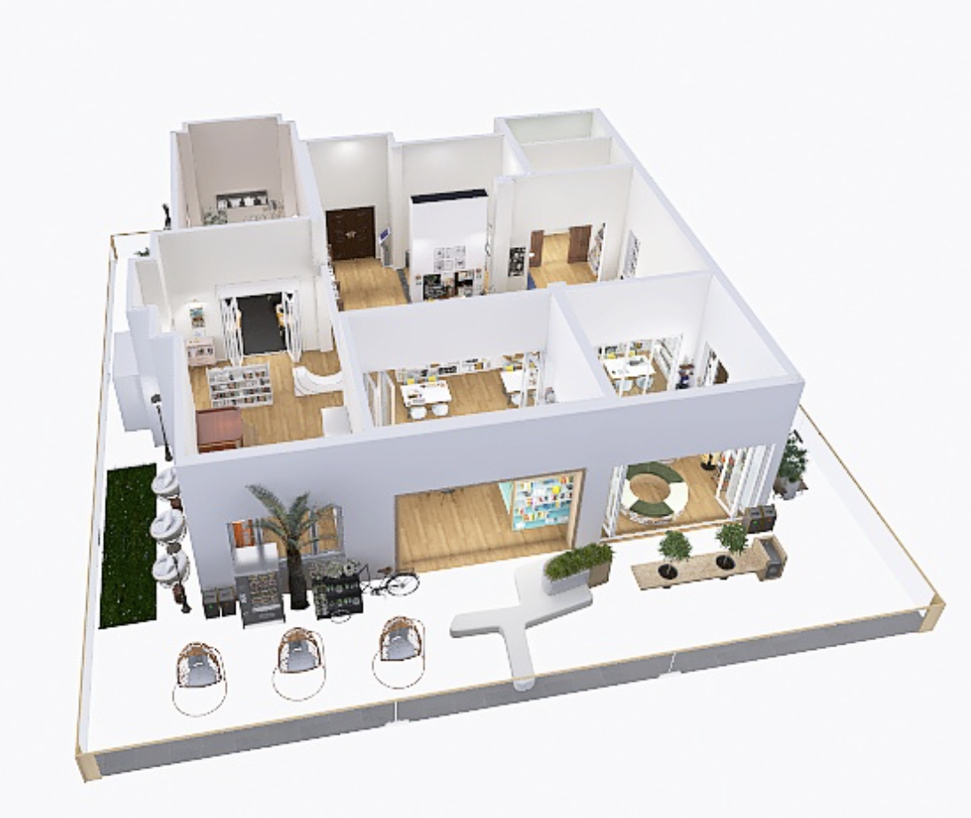 Modelo virtual del diseño interior de un edificio con varias habitaciones y áreas, incluyendo un espacio exterior con mobiliario y plantas decorativas.