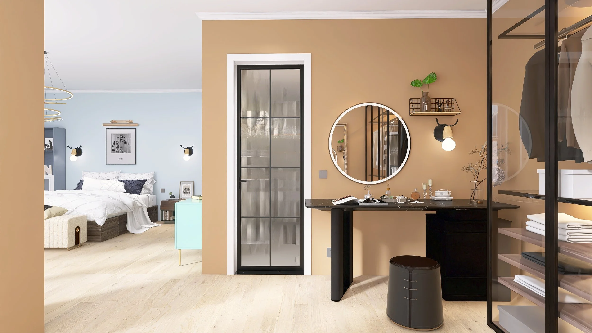 Interiores de un apartamento moderno con habitación, baño y área de vestidor visible, decorados en colores neutros y detalles decorativos.