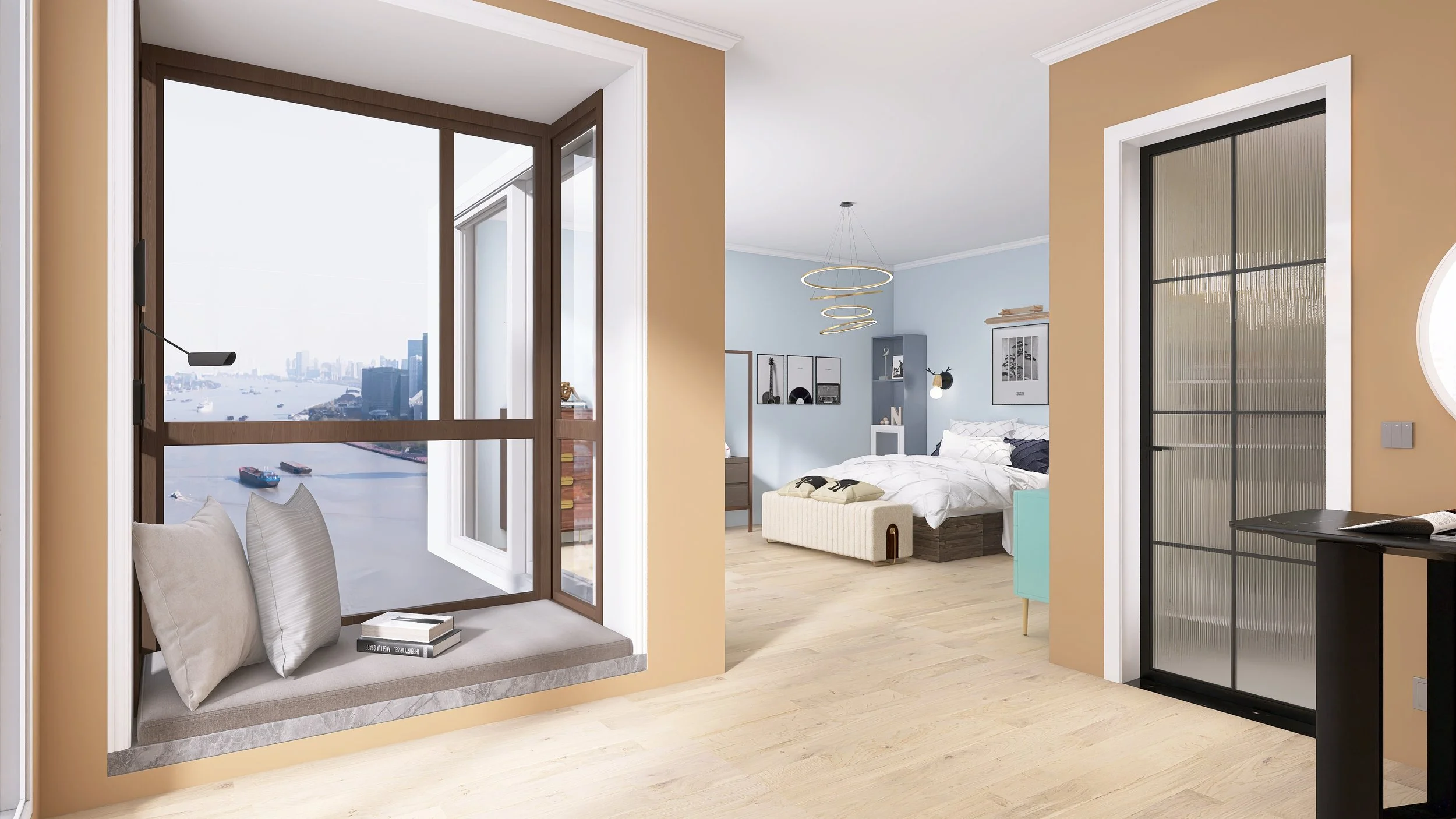 Interior de apartamento con vista a un río, con ventana de cojines y libros, habitación con cama, paredes azul y decoración moderna.