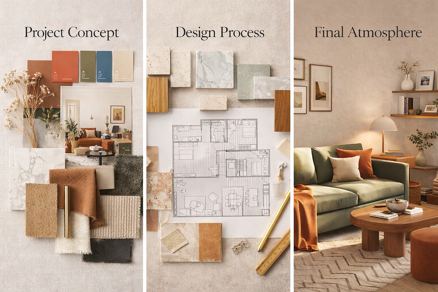 Una imagen dividida en tres secciones que muestra diferentes etapas y elementos de un proyecto de diseño de interiores: en la primera sección, muestras de colores, texturas y una foto de una sala decorada; en la segunda sección, muestras de materiales, un plano arquitectónico y herramientas de diseño; en la tercera sección, una sala decorada final con sofá verde, mesa de madera, lámpara y decoraciones en la pared y estantes.