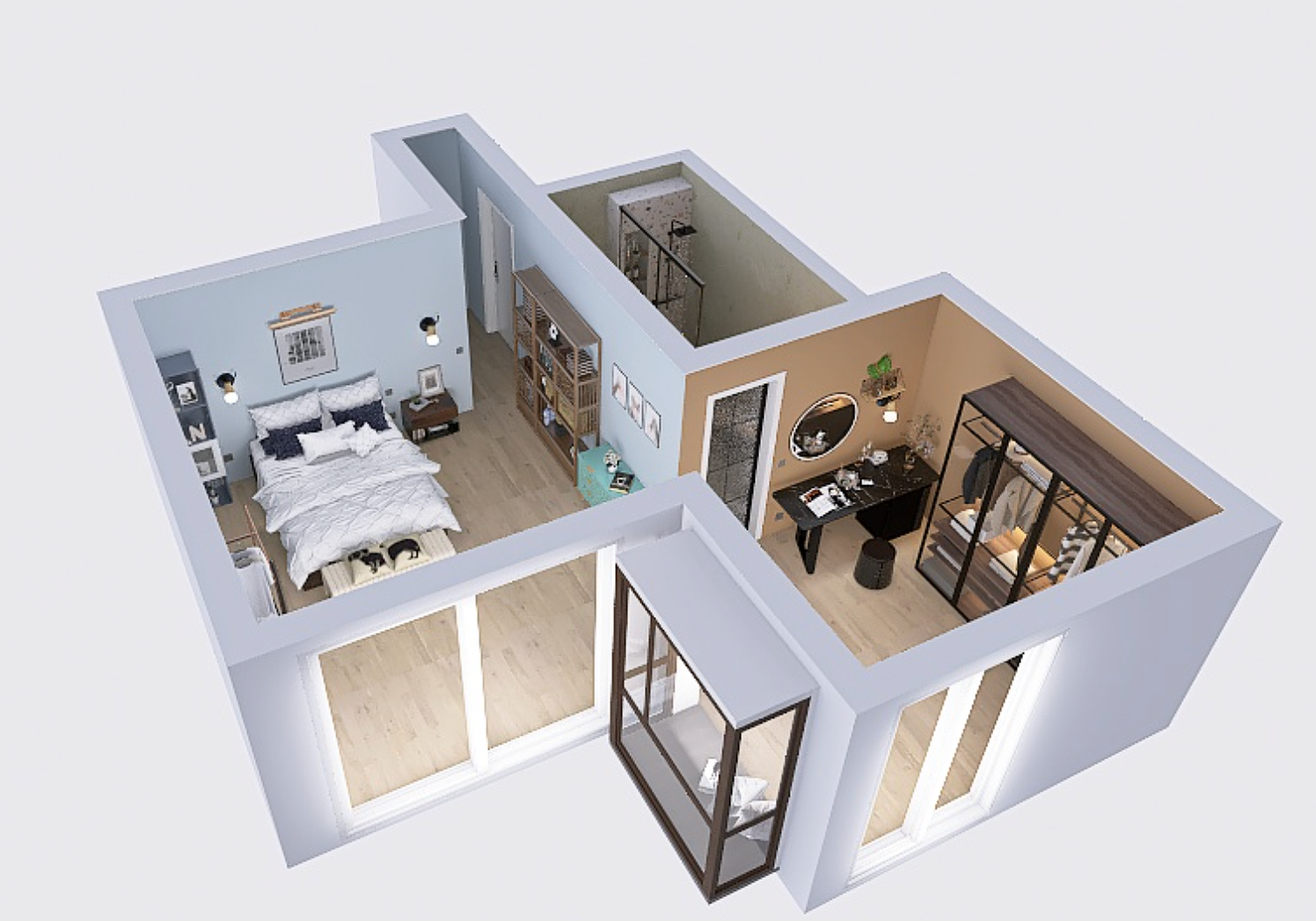 Vista en 3D de un apartamento con una habitación, un espacio de oficina y un área con armario y zona de estudio, con suelo de madera clara y paredes en tonos neutros, gran ventanal y decoración moderna.