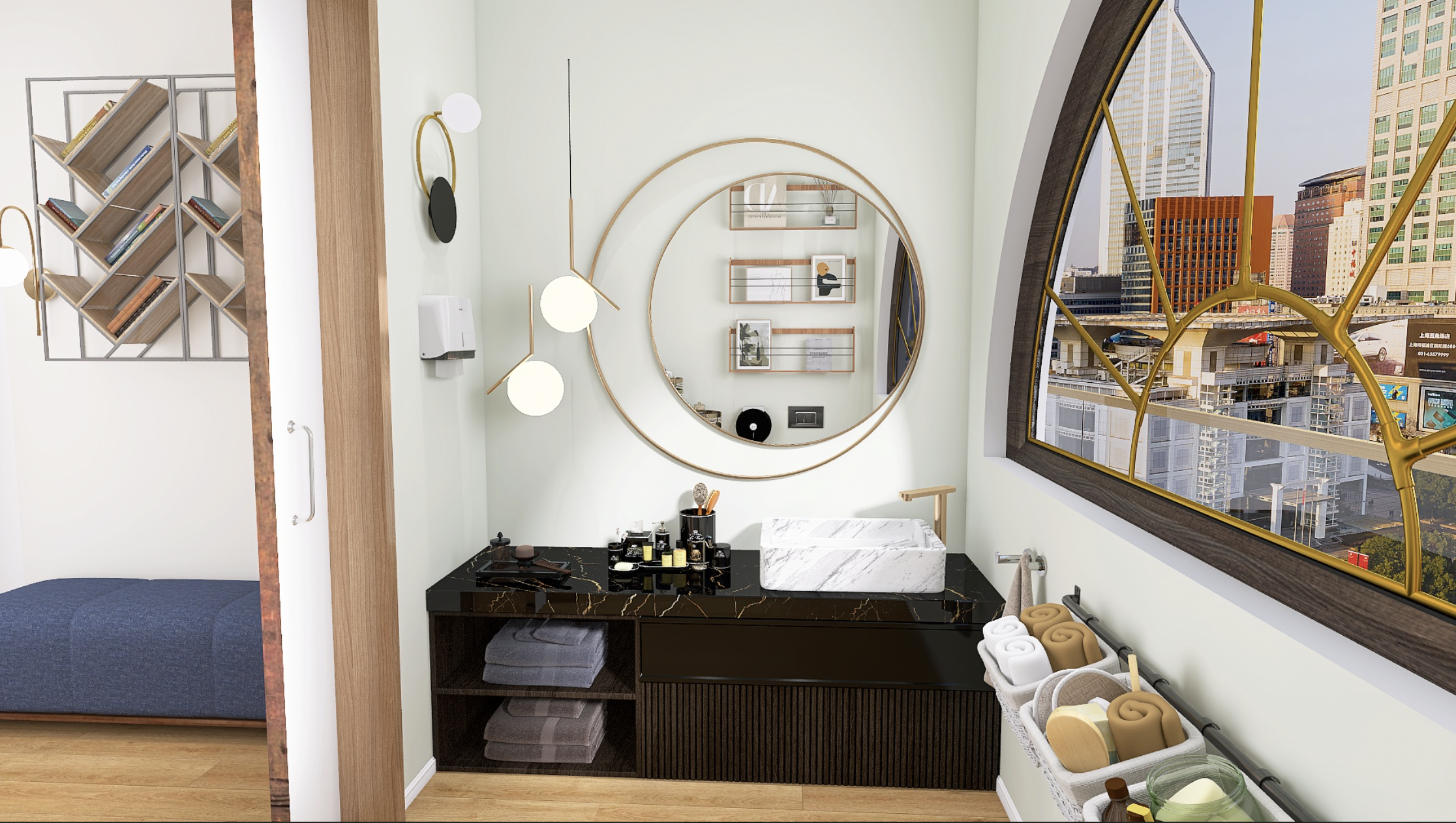 Vista de un baño con espejo redondo, lavabo de mármol, y ventana con vista a edificios urbanos.