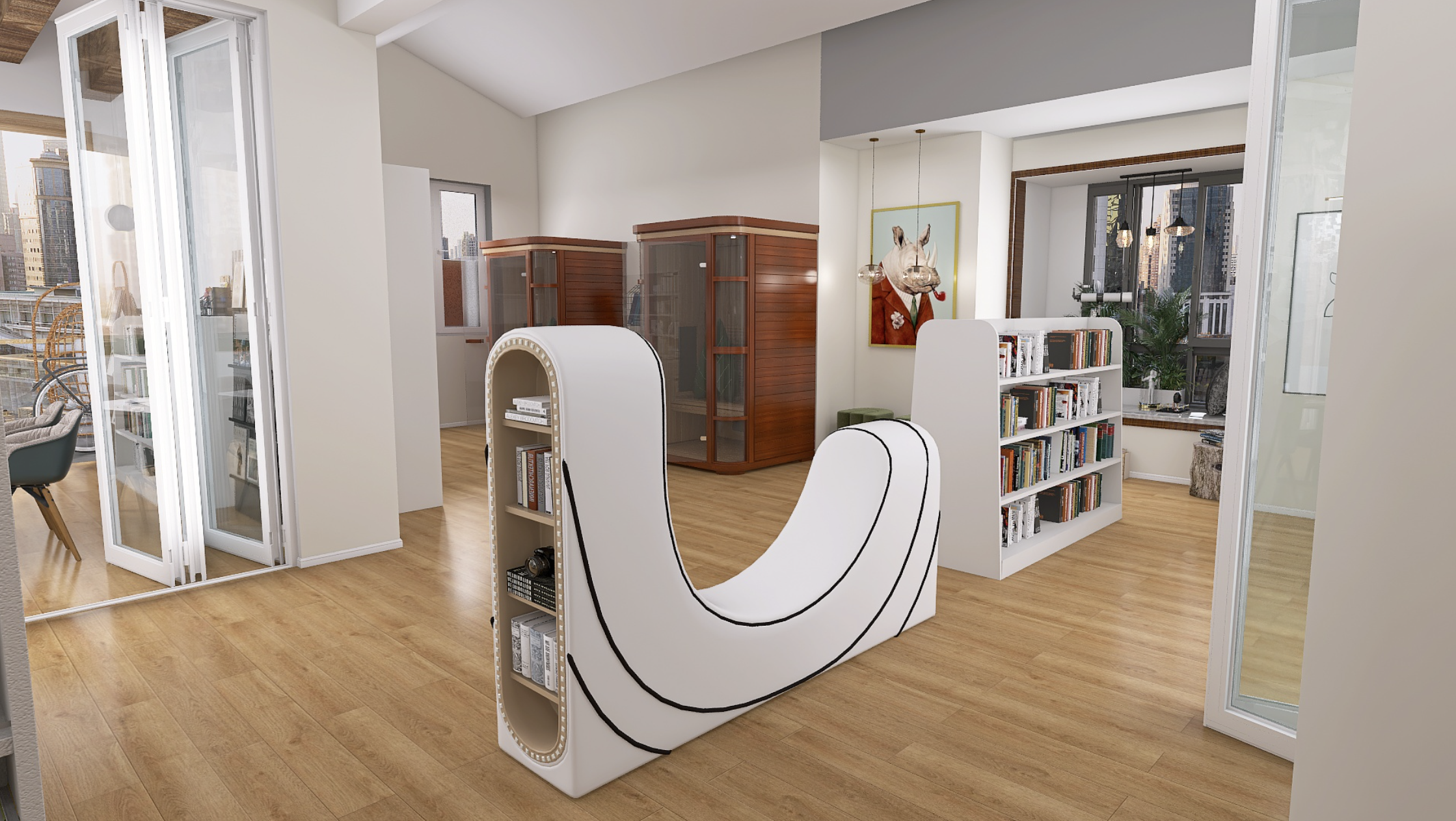 Sala de estar moderna con estanterías de libros, ventanales con vista a la ciudad, arte en la pared y muebles de madera.