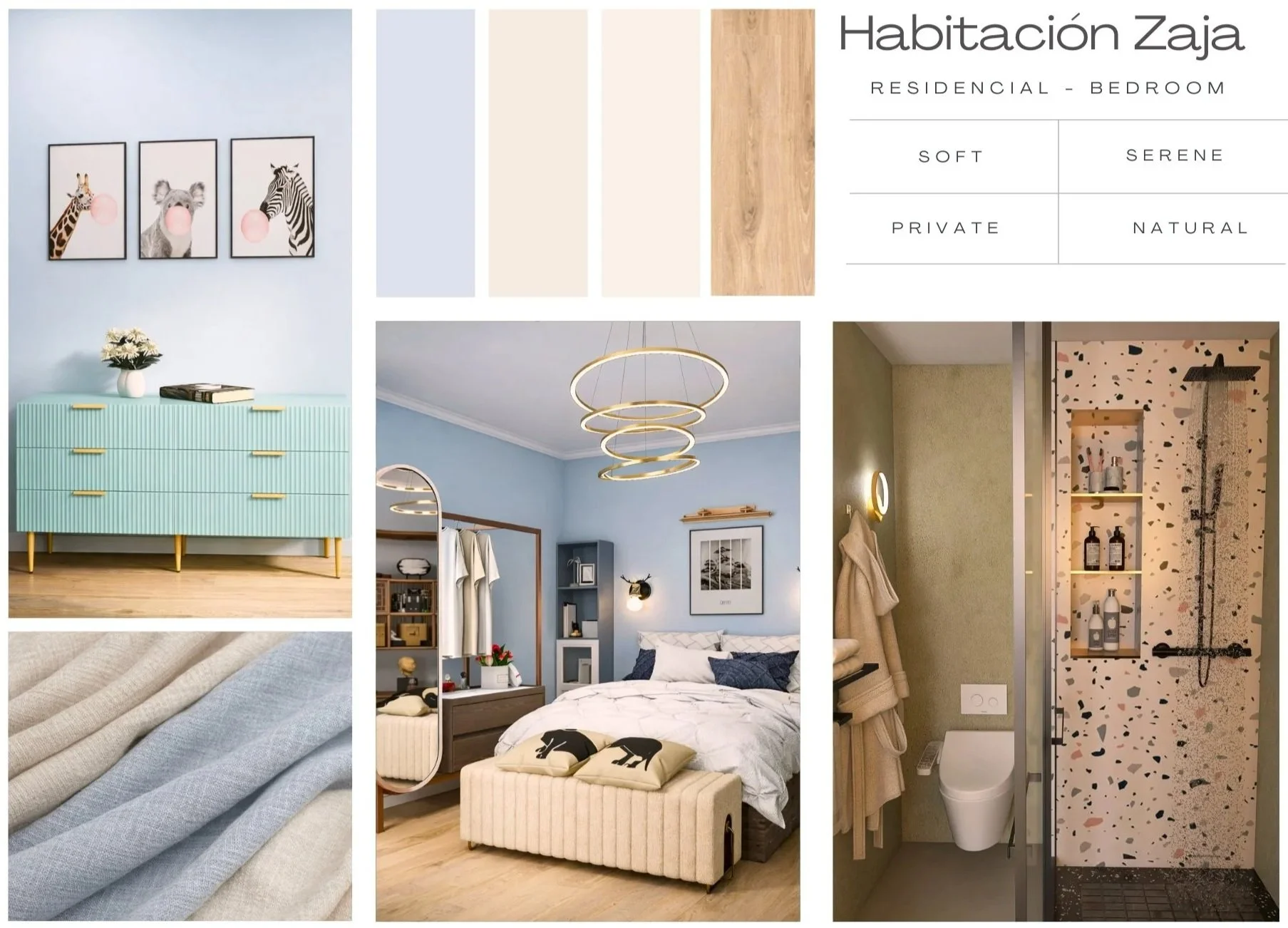 Muestra una habitación decorada con estilo moderno y colores suaves. Incluye un conjunto de paredes en tonos claros, muebles con diseño minimalista en tonos pastel, y accesorios decorativos como cuadros con animales y una iluminación moderna.