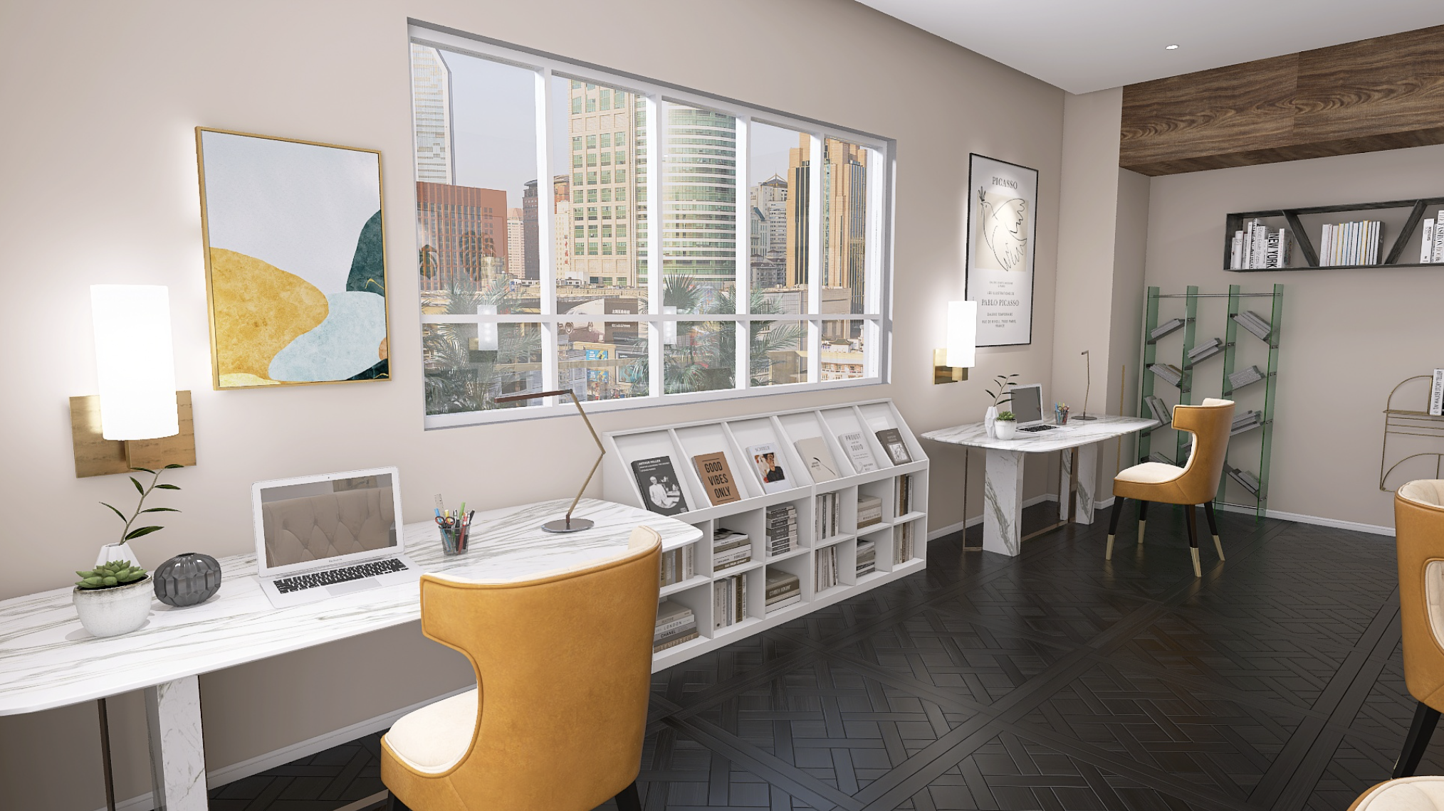 Oficina moderna con escritorios, sillas amarillas, estantería con libros y ventanas grandes con vista a edificios urbanos.