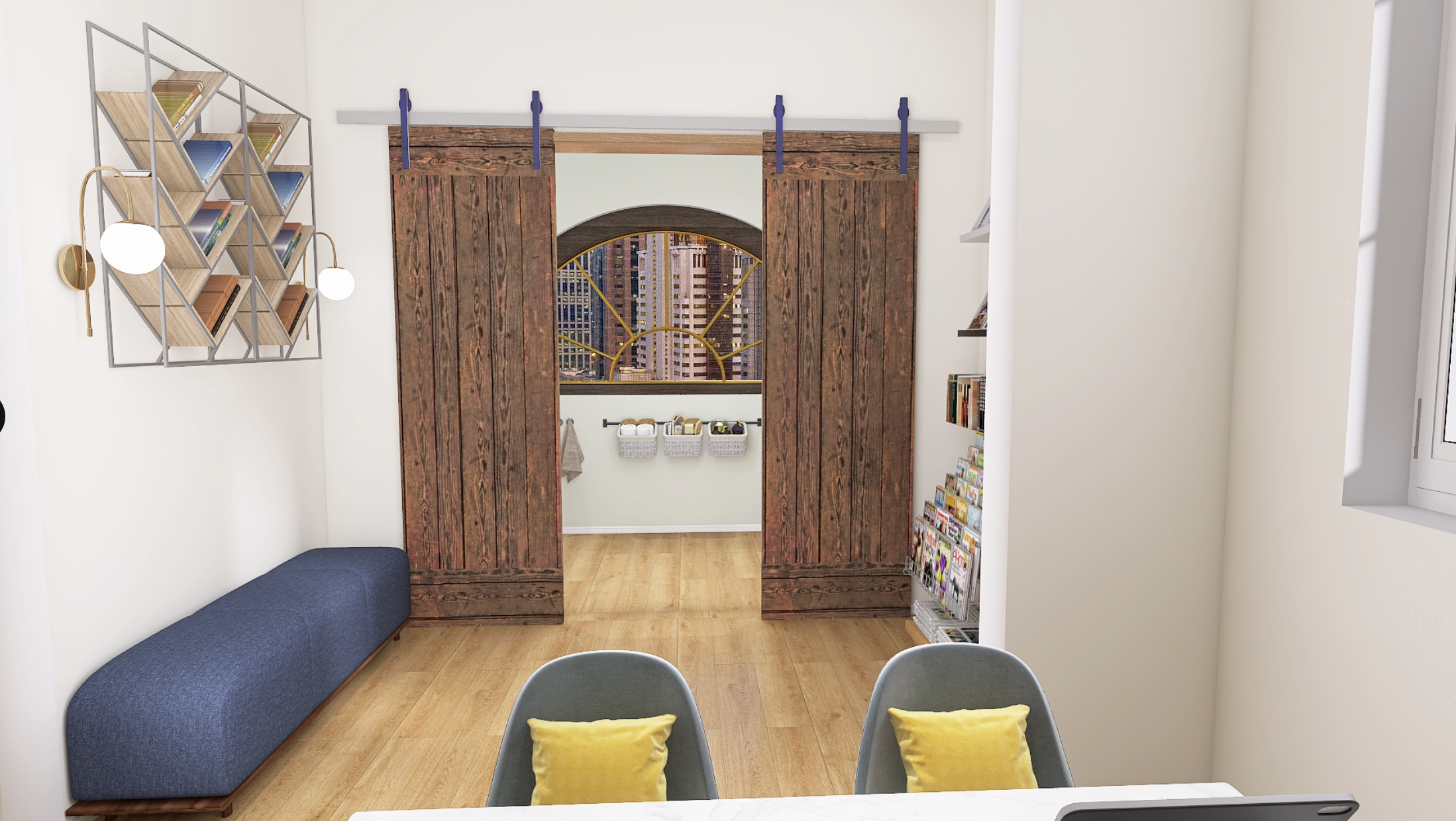 Sala de estar con cortinas de madera, libreros llenos de libros, silla con cojín amarillo, y una ventana con vista a edificios urbanos.