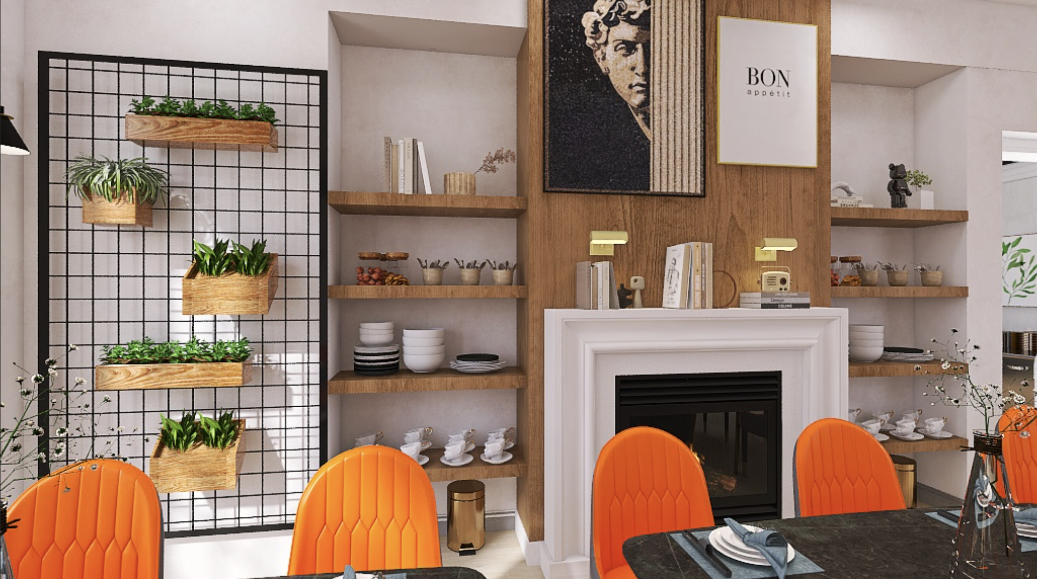 Interiores de sala con chimenea, paredes de madera, estantes con platos, tazas, libros y decoraciones, y sillas naranjas alrededor de una mesa con platos y utensilios.