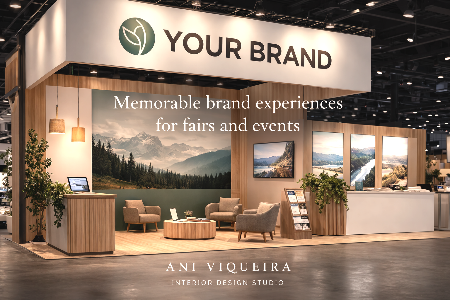 Un stand para una marca en una exhibición con una decoración moderna que incluye muebles de color beige y madera, pantallas con paisajes montañosos y plantas verdes.