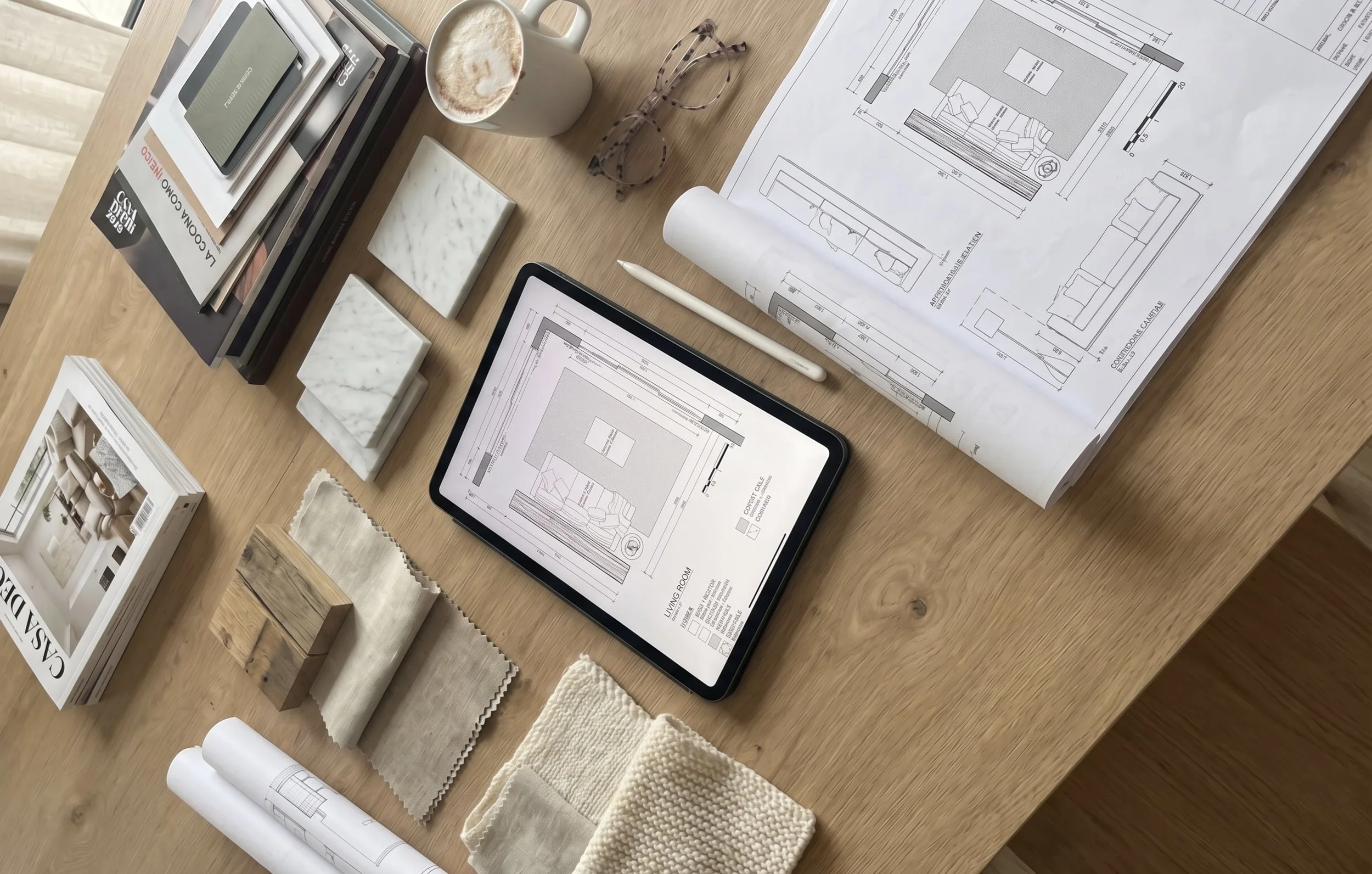 Mesa de trabajo con planos arquitectónicos, muestras de materiales, un teléfono inteligente, una taza de café con leche, gafas, y libros de diseño y arquitectura.