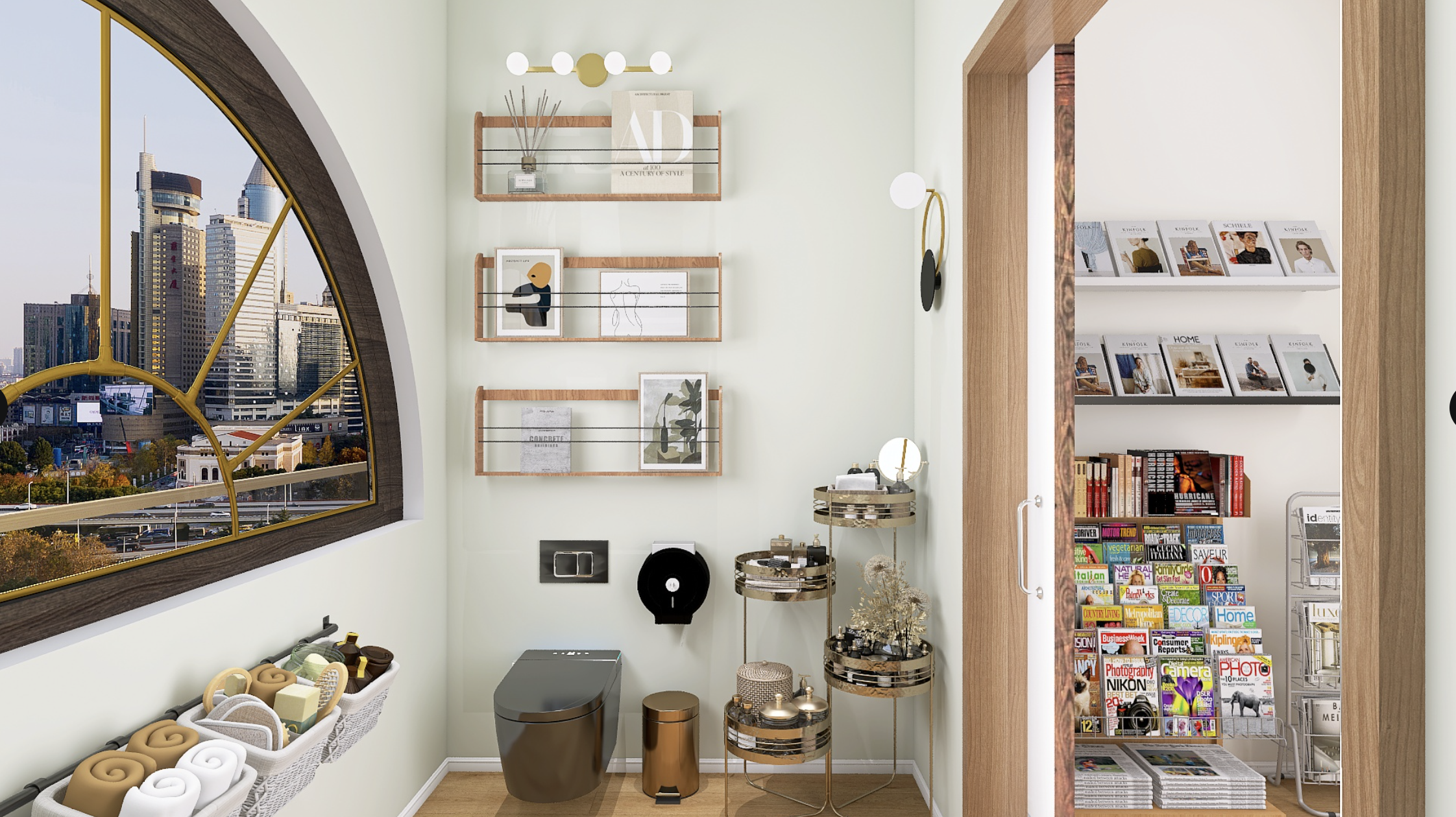 Vista de una habitación con una ventana grande con vista a la ciudad, paredes en color menta, estantes con libros y decoraciones, y una esquina con revistas y periódicos.