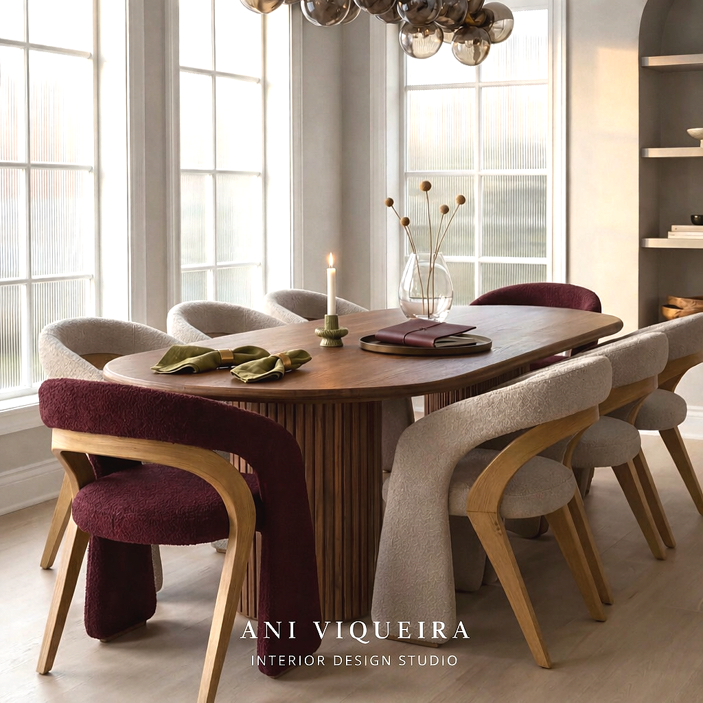 Una mesa de comedor de madera rodeada de sillas de diferentes diseños y colores, con una vela encendida, un florero con flores secas y algunos libros en el centro, en una sala con grandes ventanas y mucho luz natural.