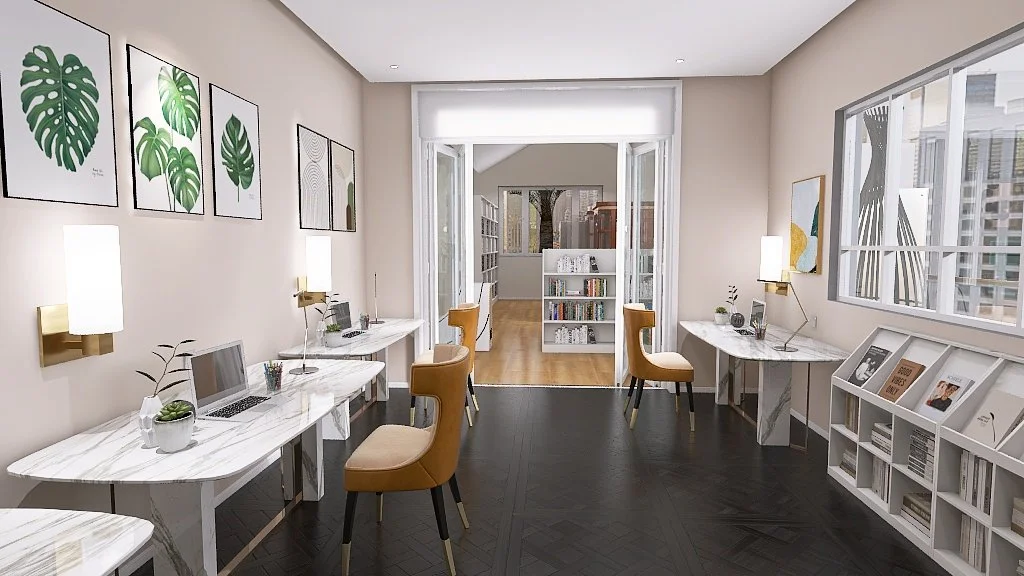 Oficina moderna y luminosa con escritorios de mármol, sillas beige y decoraciones con plantas y cuadros en las paredes.