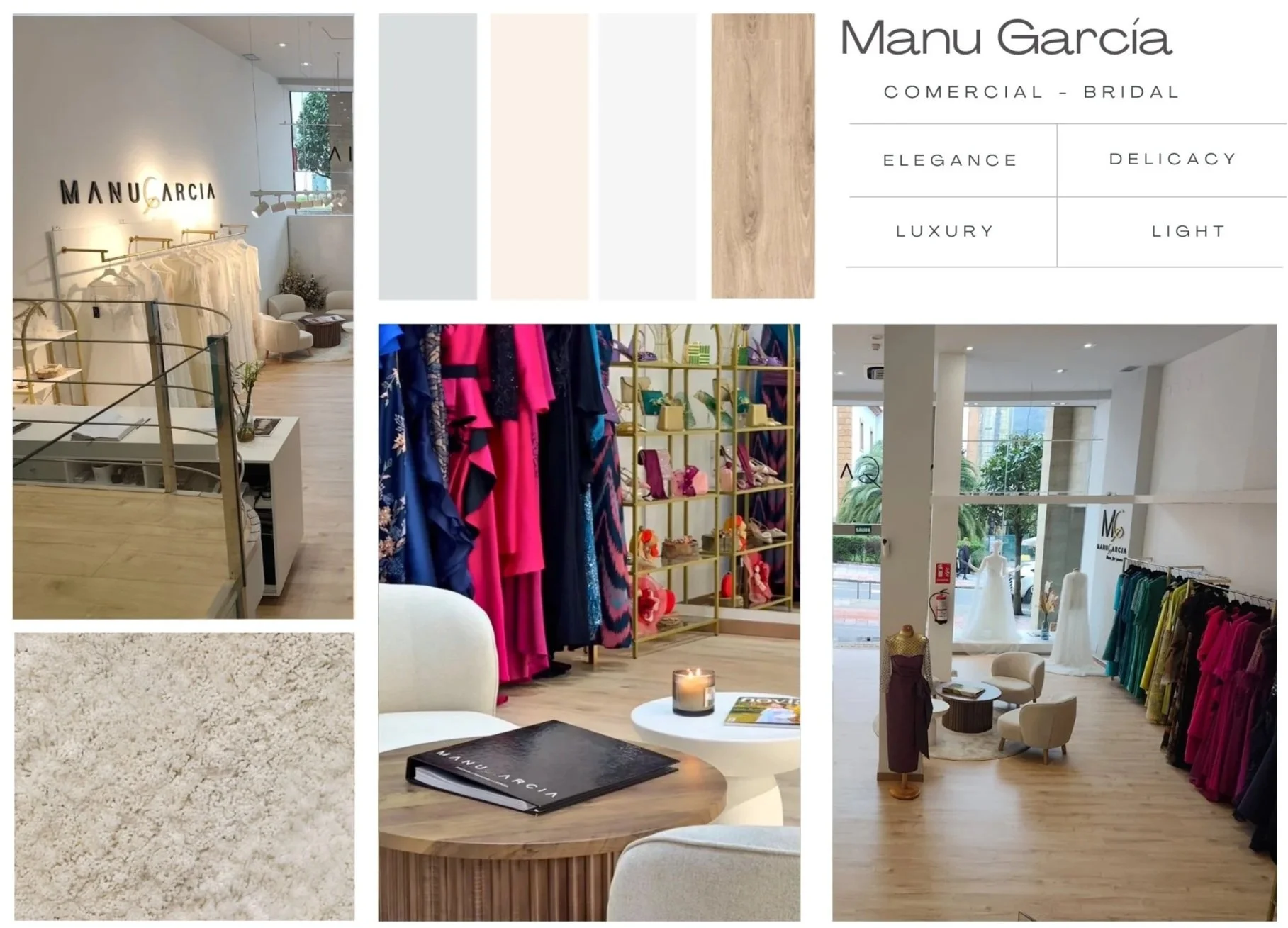 Muestra del interior de una tienda de vestidos de novia y accesorios de novia, con ropa, zapatos y muebles elegantes en tonos suaves.