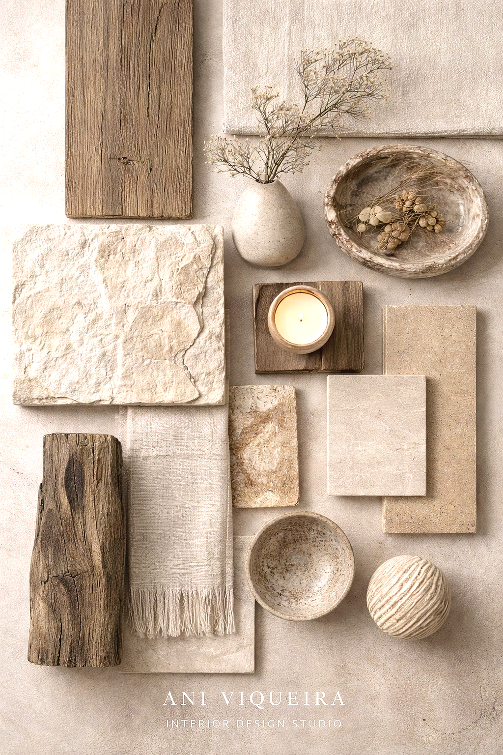 Disposición de varios objetos decorativos en tonos neutros y texturas naturales, incluyendo madera, piedra y cerámica, con una vela encendida en centro.