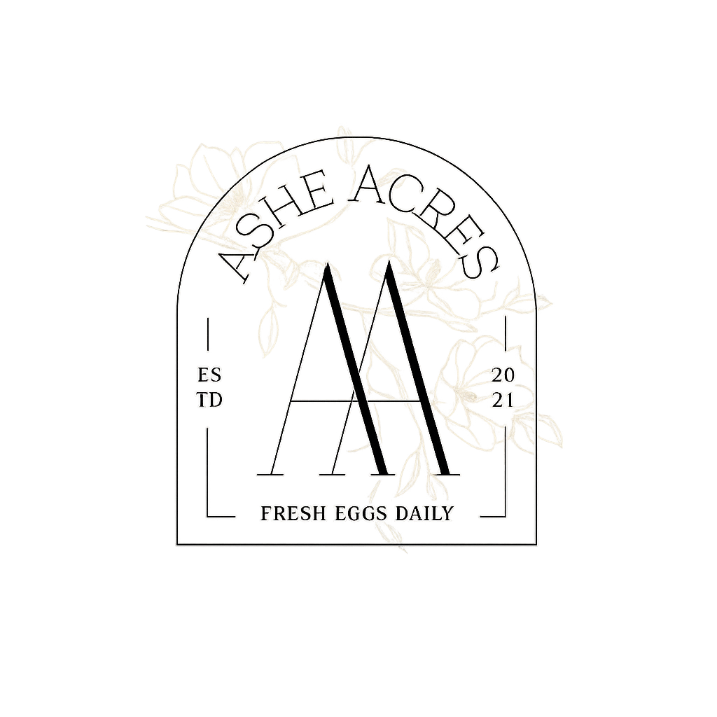 A minimalist, monochrome line logo of a vintage-style sign with the text "Ashe Acres" and "Fresh Eggs Daily," featuring large letters "AA" and floral accents,.