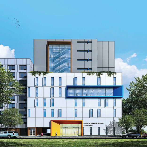 Rendering of new charter school along Beach 67th Street – Think Architecture