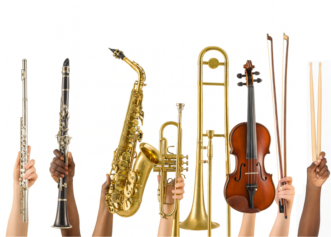 Young and old beginner music students holding new musical instruments including a flute, clarinet, saxophone, trumpet, trombone, violin, and drums.