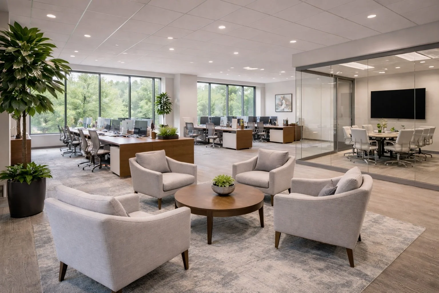A refined interior office setting representing the personal advisory and professional oversight found at The Avenue for commercial clients in Kentucky.