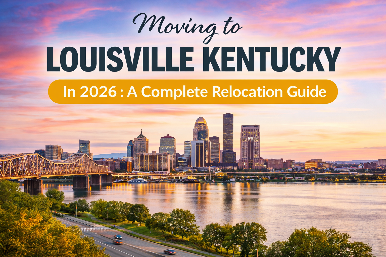 Louisville Kentucky skyline along the Ohio River with downtown buildings and bridges, representing a relocation guide for people moving to Louisville KY and exploring the Louisville metro real estate market in 2026.