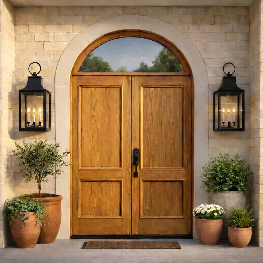 Boutique Kentucky residential real estate—natural wood front door representing a warm, intentional path home.