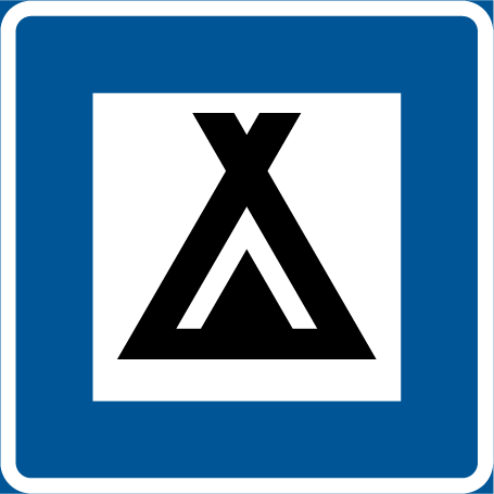 Tältsymbol på en blåvit skylt.