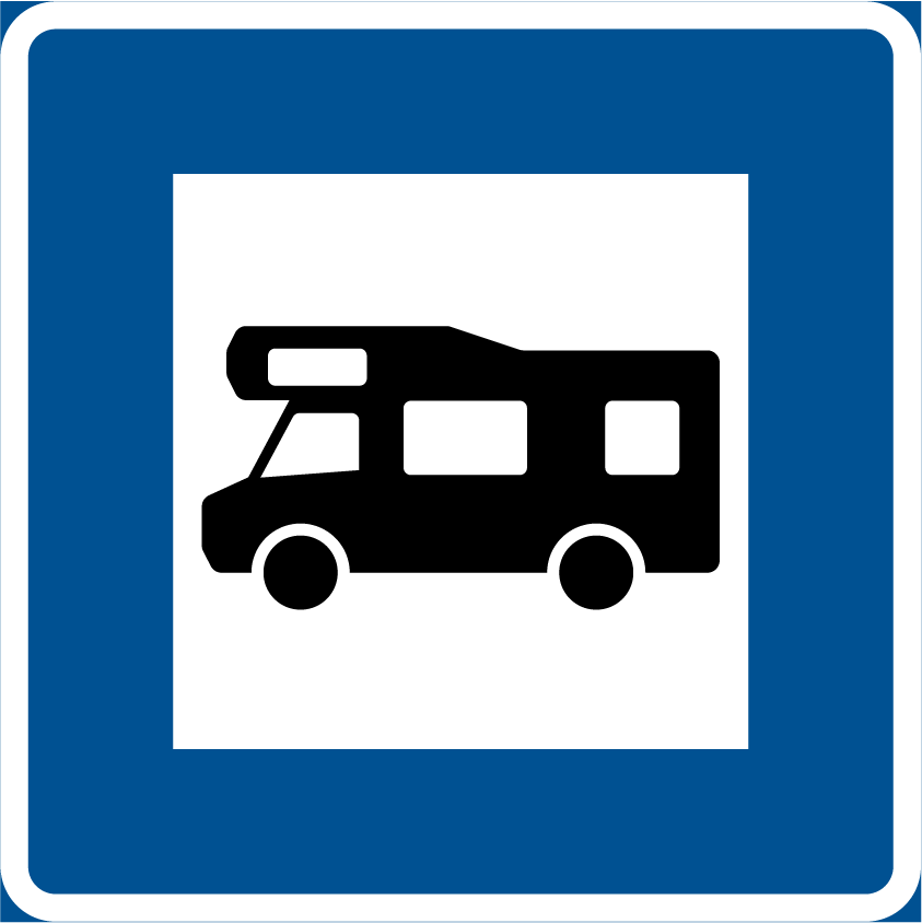 En blå och vit vägskylt som visar en campingbuss.