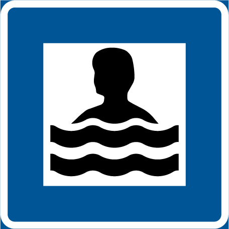 Blåvit skylt för simning eller badplats.
