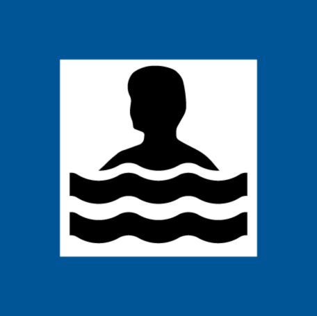 Blåvit skylt för simning eller badplats.