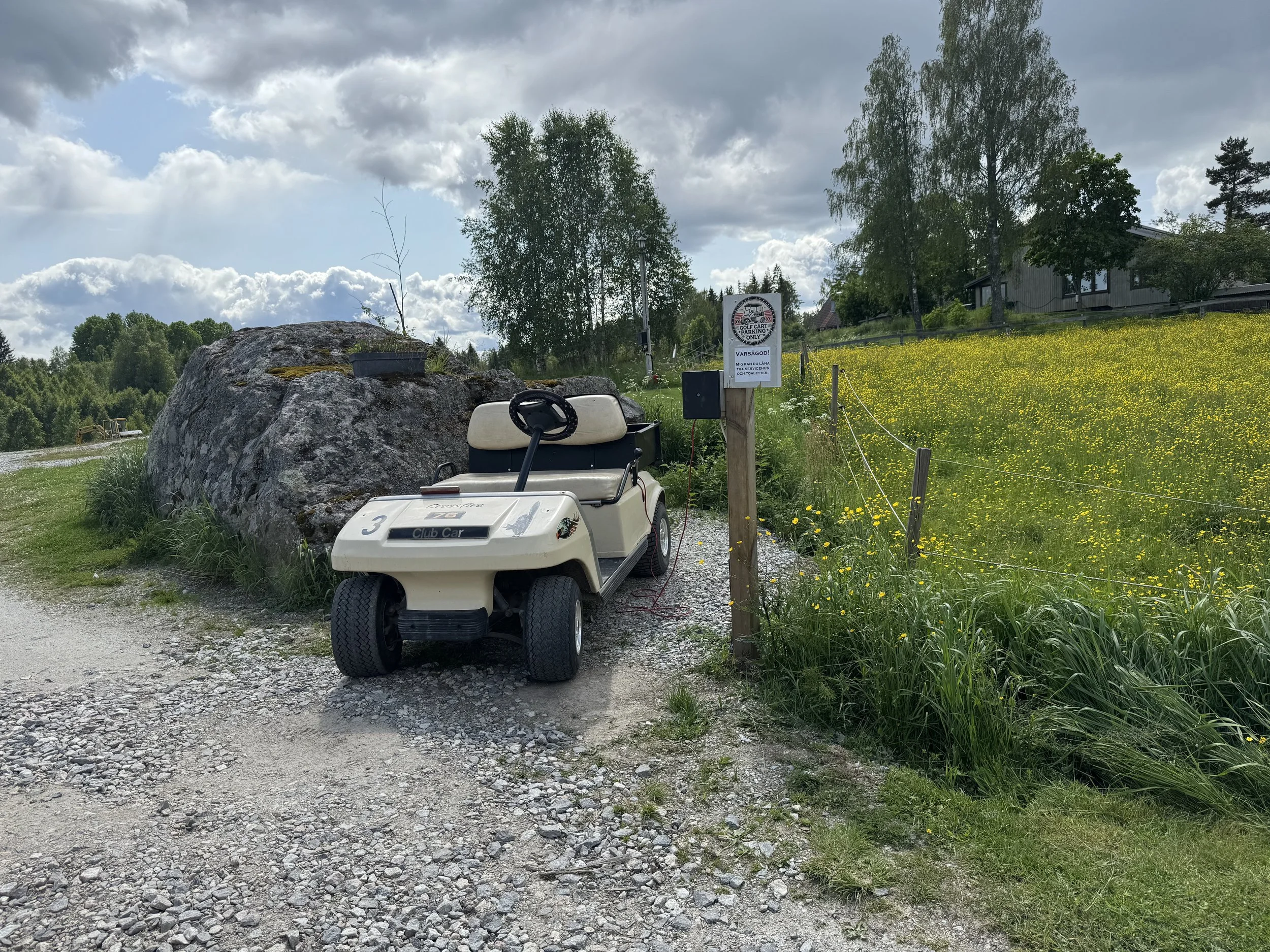 En golfbil parkerad bredvid en stor sten på en grusväg, omgiven av gröna växter och ett fält av gula blommor, med ett litet hus och träd i bakgrunden under en molnig himmel.