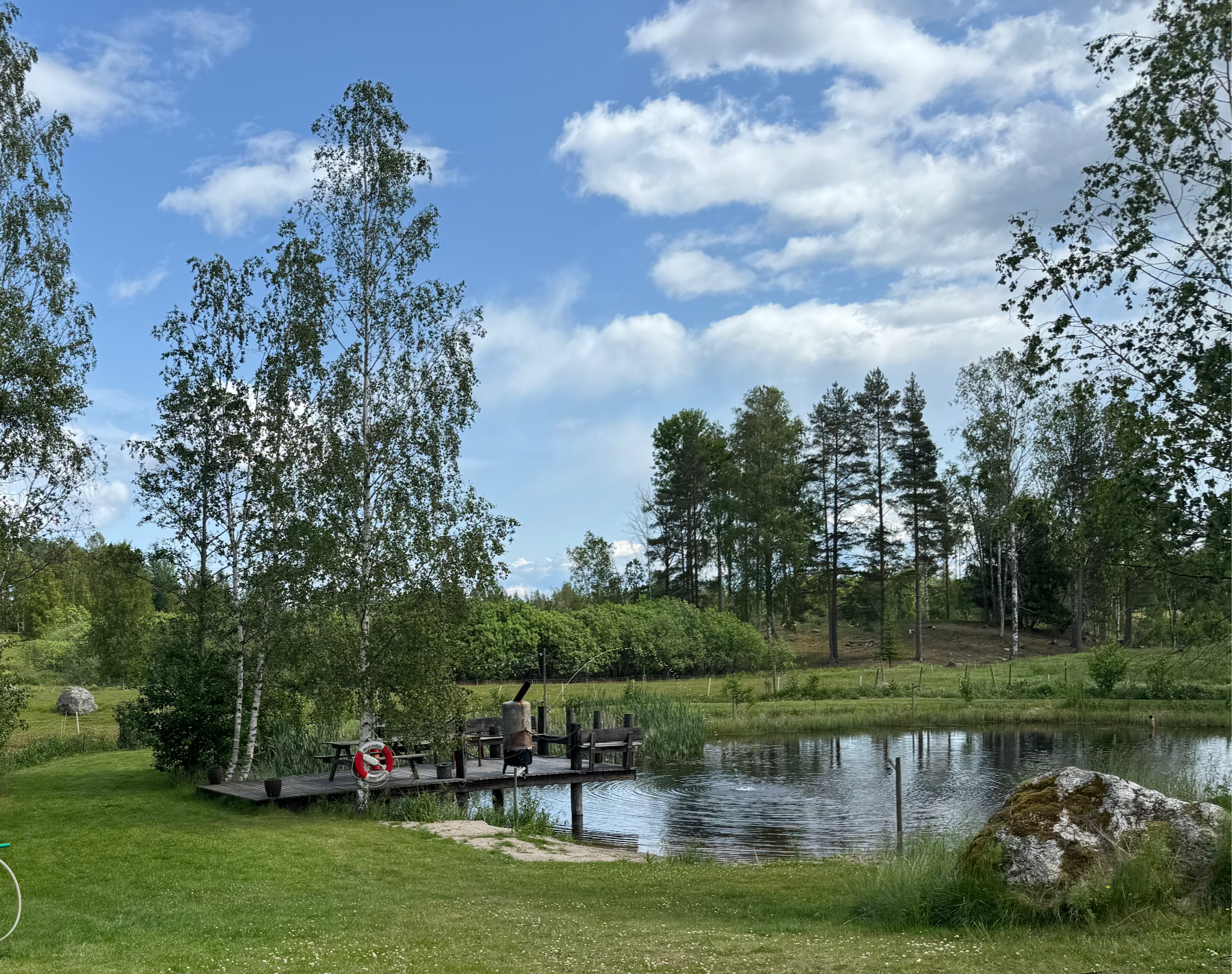 En lugn sjö omgiven av gröna träd och gräs, med en liten träbrygga och en stor sten i förgrunden, under en molnig himmel.